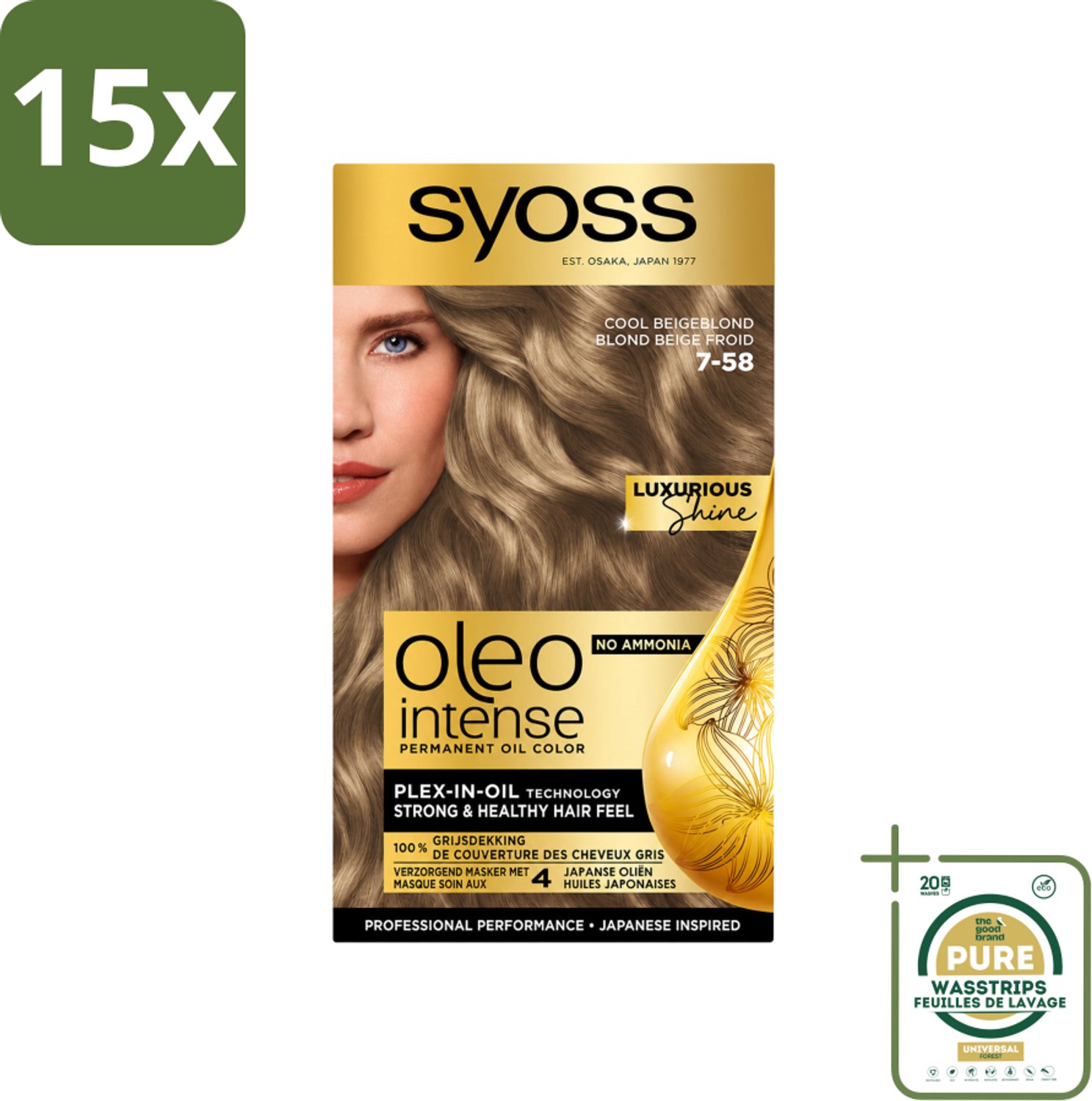 15 x SYOSS - Oleo Intense 7-58 Cool Beige Blond - Haarverf - Zonder Ammoniak - Grijsdekking - Langdurige Kleur - Wasstrips - Haarverf Zonder Ammoniak - Grijsdekking - Olieformule - Langdurige Kleur - Haarkleur