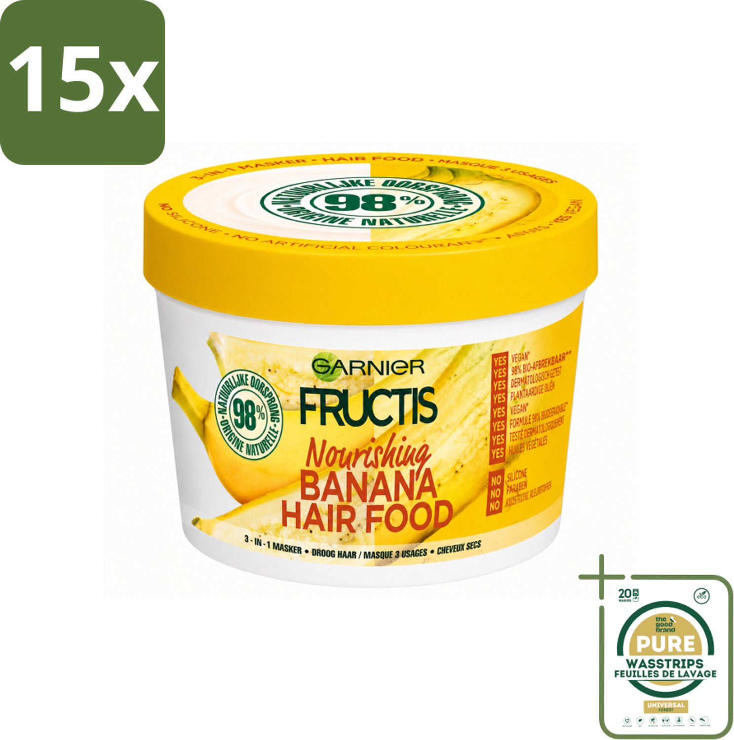 15 x Garnier - Fructis Hair Food Banana - 3-in-1 Haarmasker - Voedend - Droog Haar - 400 ml - Wasstrips - Haarmasker - Kokosmelk - Macadamia - Droog Haar - Haarvoeding