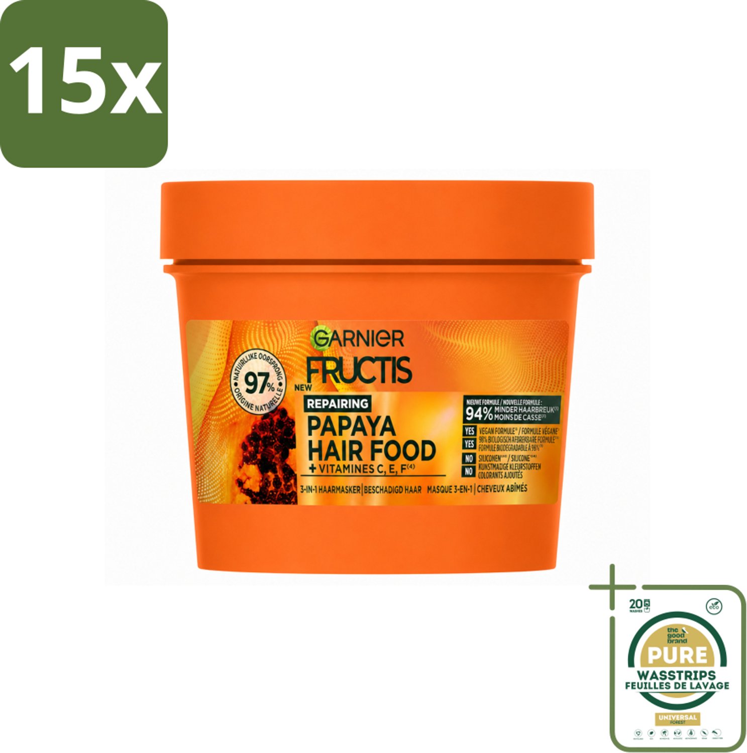 15 x Garnier - Fructis Hair Food Papaya - 3-in-1 Haarmasker - Beschadigd Haar - 400 ml - Wasstrips - Haarherstel - Haarmasker - Beschadigd Haar - Papaya - Kokosolie
