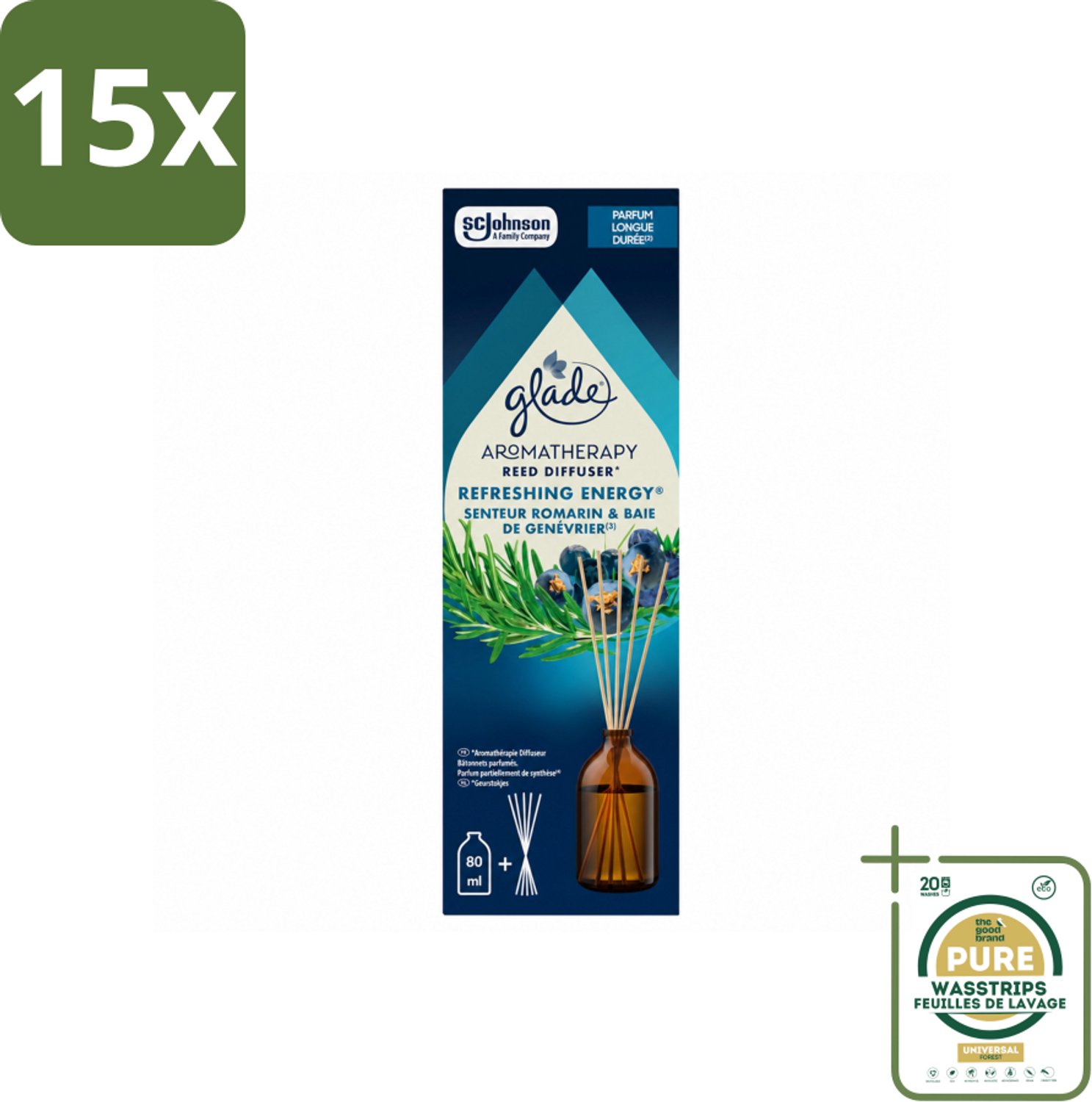 15 x Glade - Geurstokjes Verfrissende Energie - Aromatherapie Geurverspreiding - 80 ml - Wasstrips - Geurstokjes - Aromatherapie - Energie - Geurverspreiding - Geur