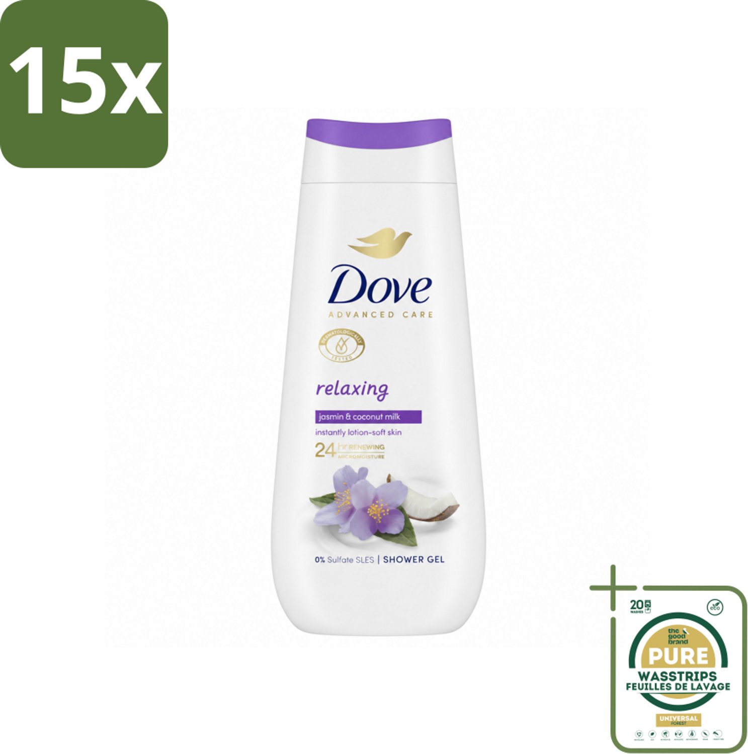 15 x Dove Douchecrème - Relaxing - Kokos & Jasmijn - 225 ml - Wasstrips - Douchegel - Hydraterende Douchegel - Ontspannende Douchegel - Jasmijn Geur - Kokosmelk Geur