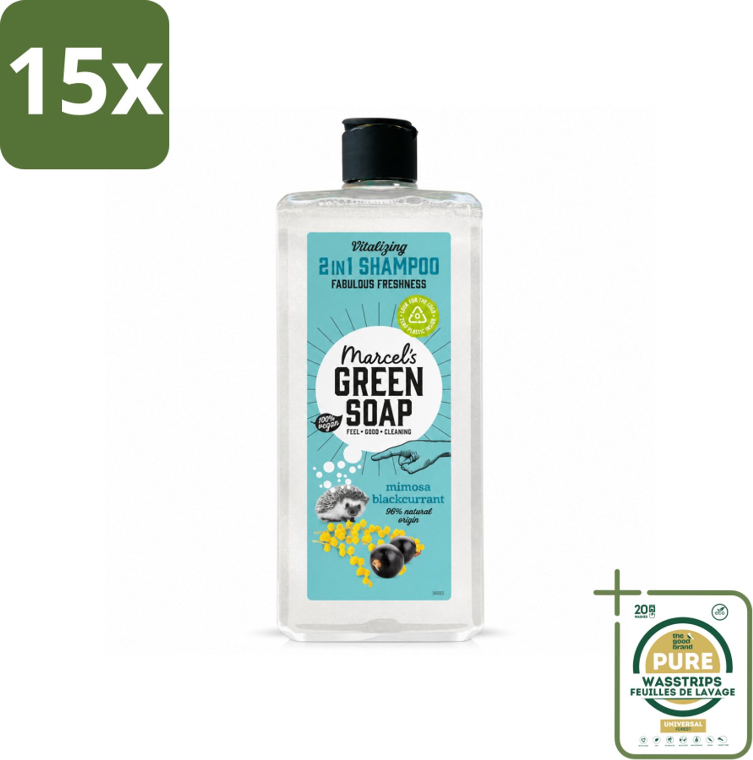15 x Marcel's Green Soap - Shampoo & Conditioner 2-in-1 - Mimosa & Black Currant - Verzorging in één - 300 ml - Wasstrips - Shampoo En Conditioner - Natuurlijke Haarverzorging - 2 In 1 Shampoo - Haarverzorging - Haar Reiniging