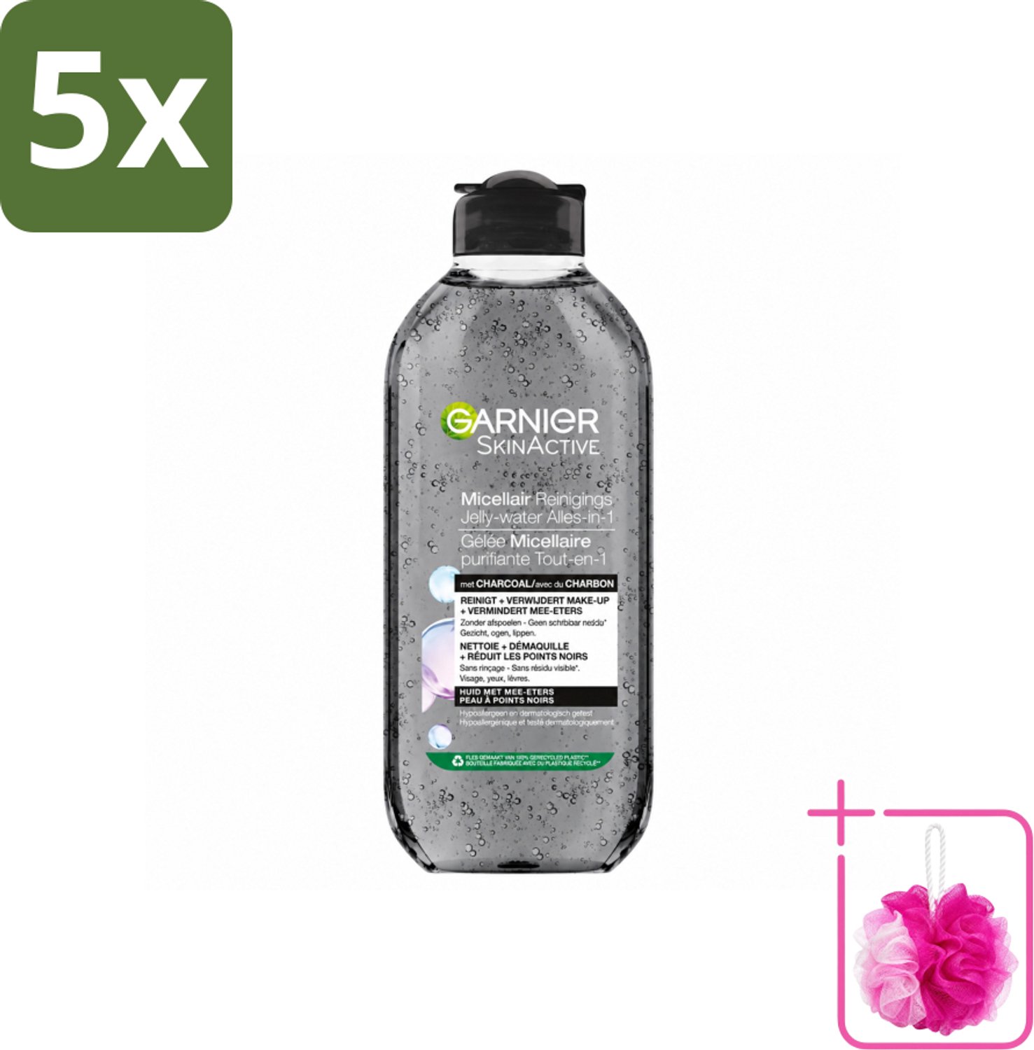 5 x Garnier - SkinActive - Micellair Jelly-water - Alles-in-1 - Charcoal - 400 ml - Bulkverpakking - Huid reinigen - Douchemop - Make-up verwijderen