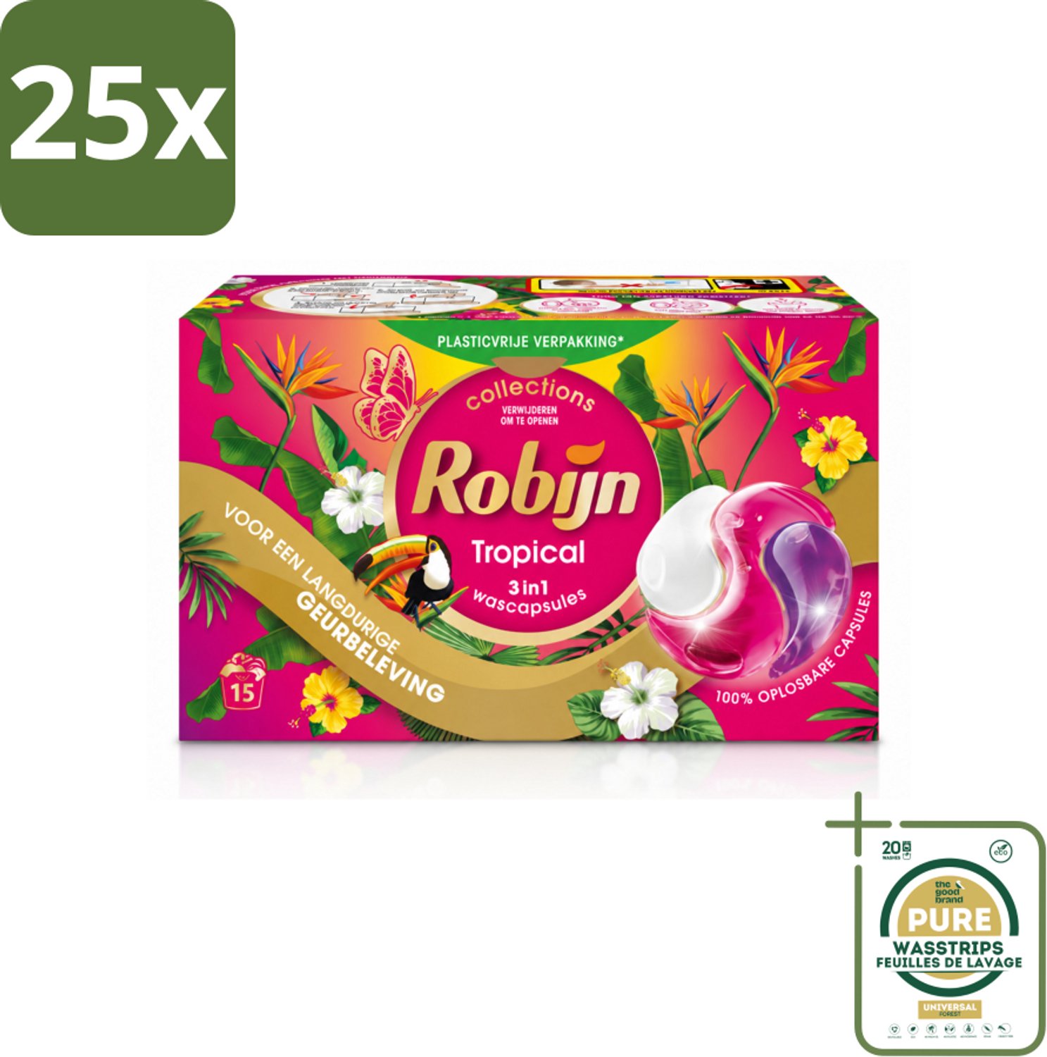 25 x Robijn - 3-in-1 Tropical - Wascapsules - 15 Wasbeurten - Wasstrips - Wasmiddel - Wascapsules - Kleurbehoud - Tropische Geur - Biologisch Afbreekbaar