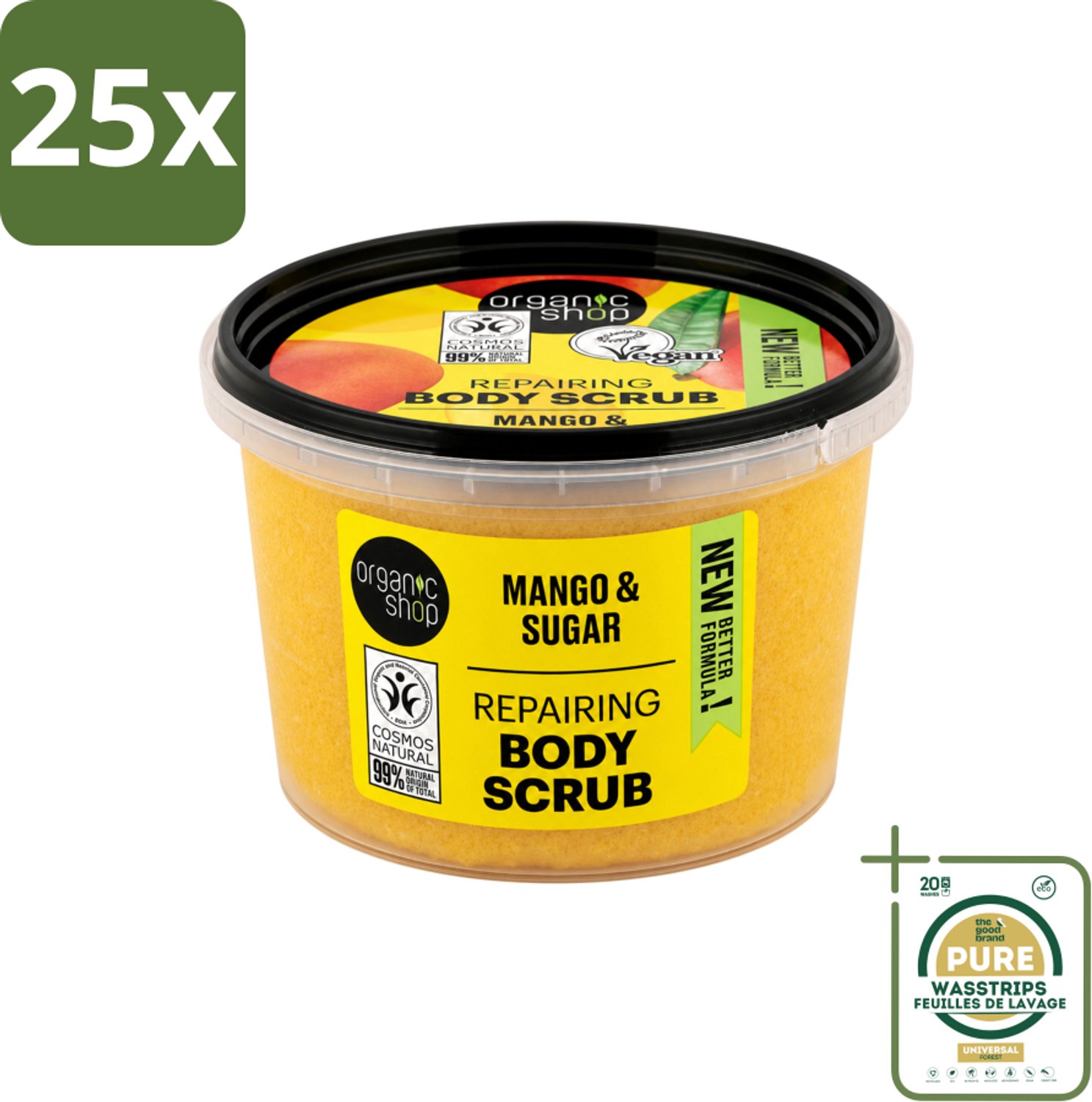 25 x Organic Shop - Organic Mango & Sugar Body Scrub - Peeling en Geur - 250 ml - Wasstrips - Organische Mango Scrub - Exfoliatie Huid - Suikerscrub - Huidvernieuwing - Biologische Mango