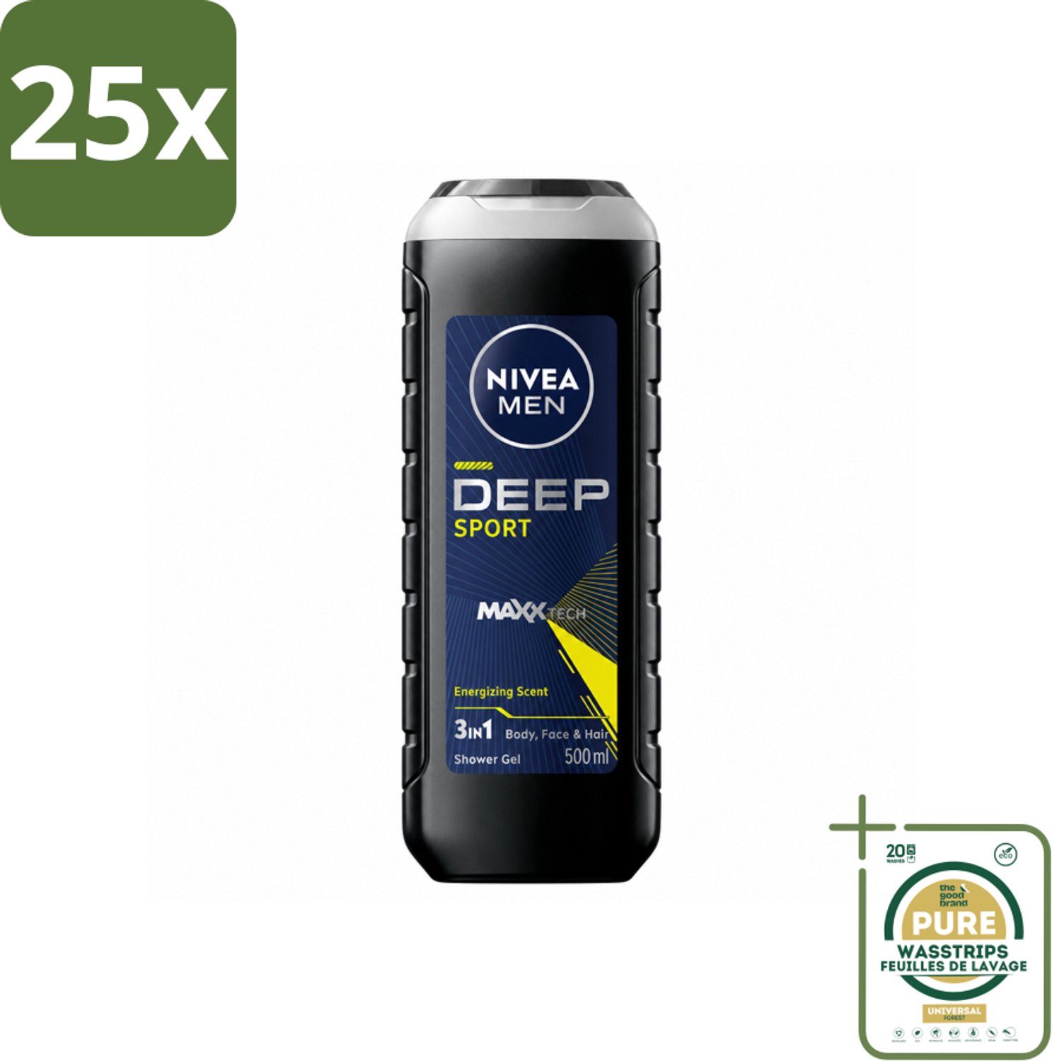 25 x NIVEA MEN - Douchegel - Deep Sport - 500 ml - Wasstrips - Douchegel Voor Mannen - Sportdouchegel - Frisse Douchegel - Mannelijke Douchegel - Diepe Reiniging