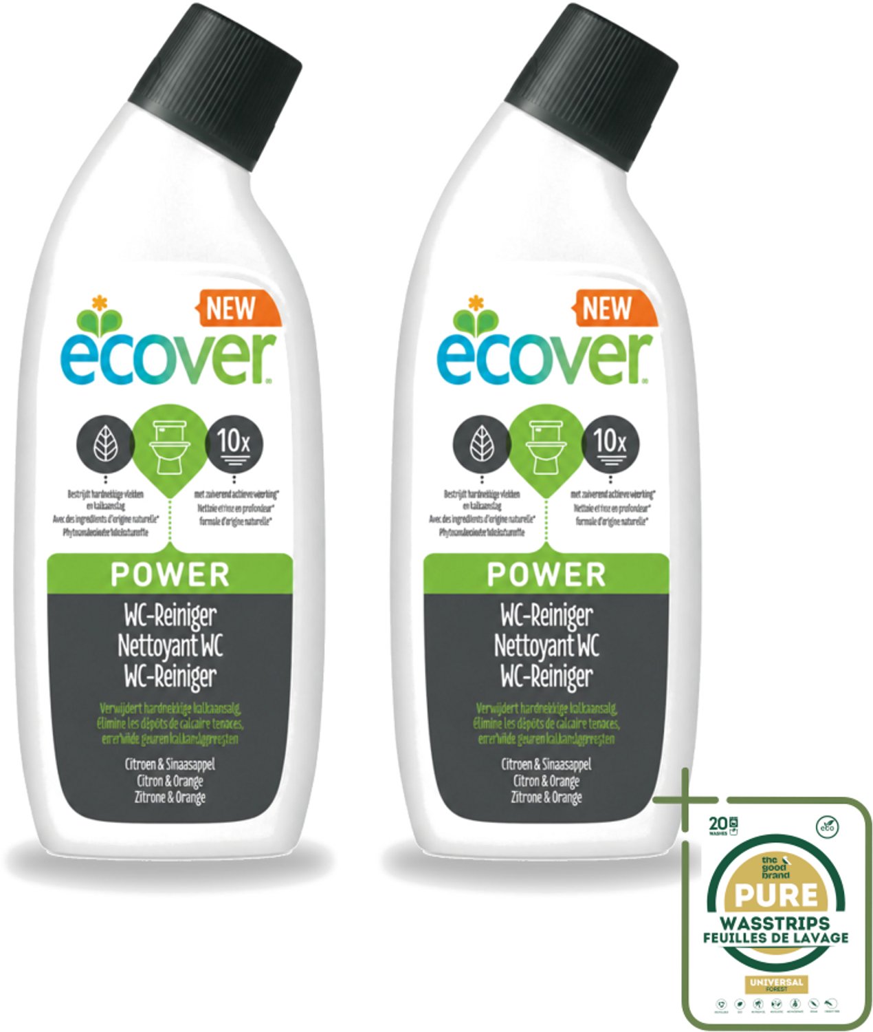 2 x Ecover - Toiletreiniger Power - 750 ml - Wasstrips - Toiletreiniger - Kalkaanslag - Ecologische Toiletreiniger - Krachtige Toiletreiniger - Plantaardige Toiletreiniger