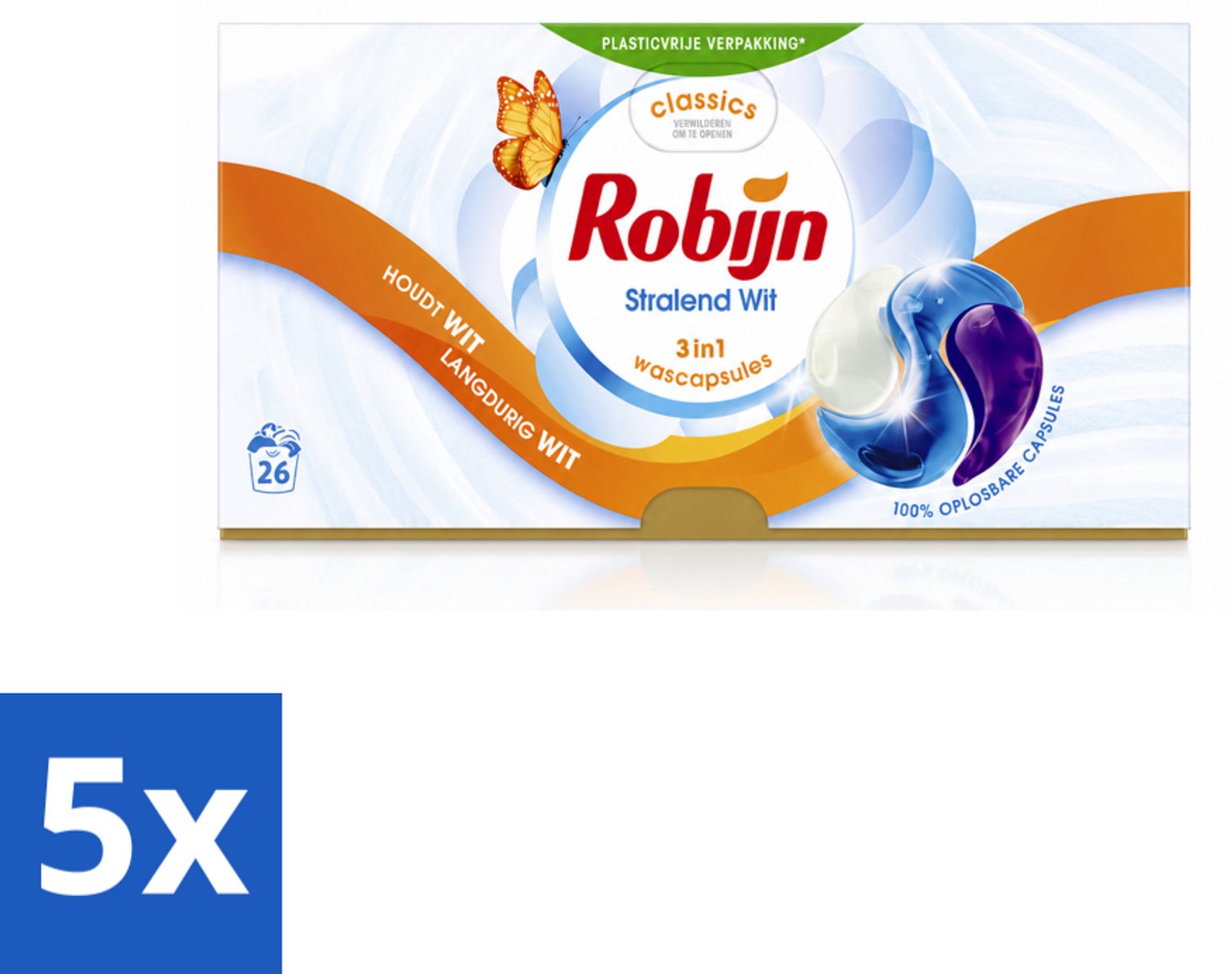5 x Robijn – 3-in-1 Wascapsules – Stralend Wit - 26 Capsules - Voordeelverpakking - 5 stuks
