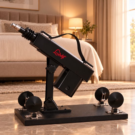Zwarte LoveVlijt seksmachine op een platform met wielen, voorzien van een verstelbare arm en opzetstuk voor penetratie.