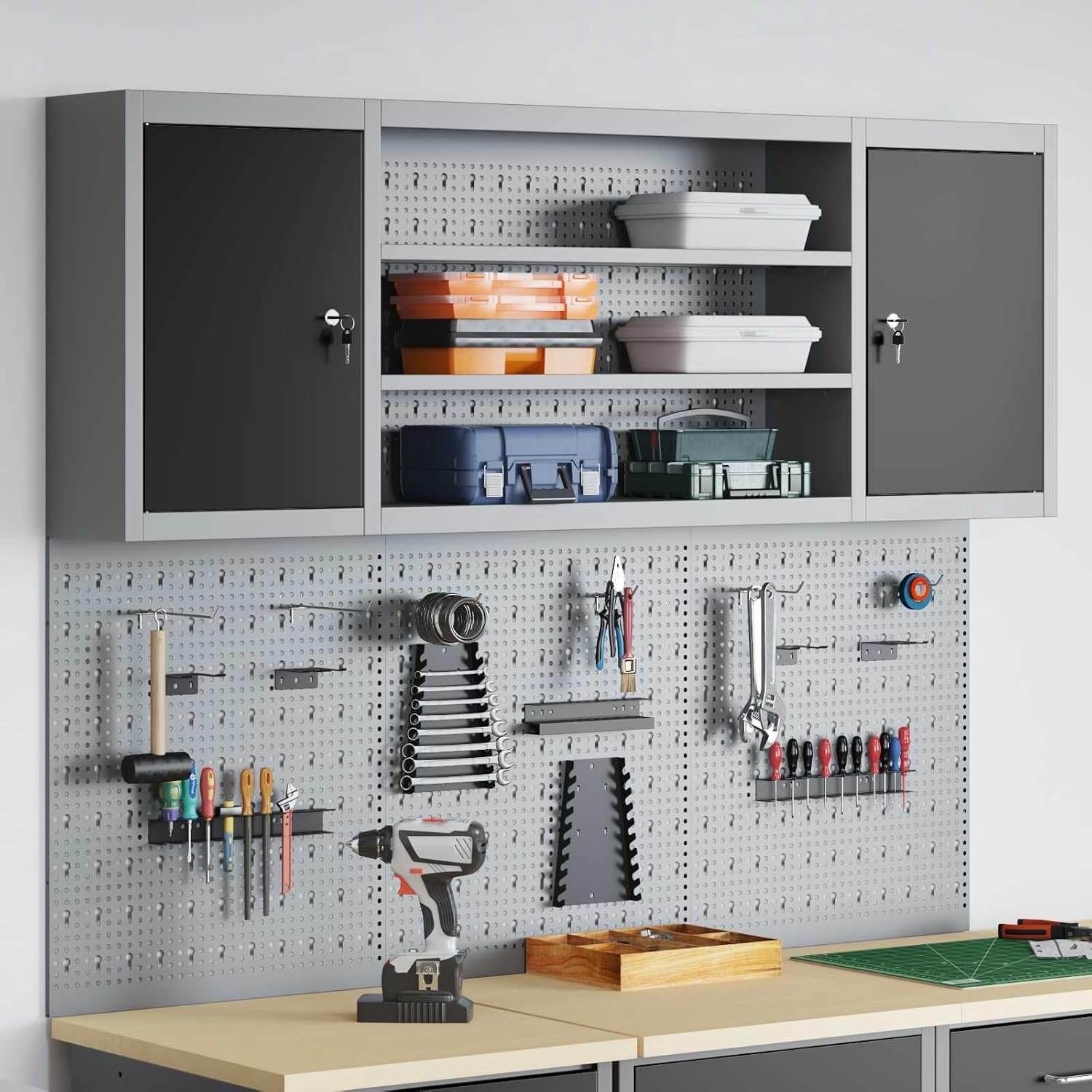 4-delig wandmontage werkplaatsrek met gatenwand afsluitbaar metalen gereedschapskast voor garage werkbank accessoires zwart