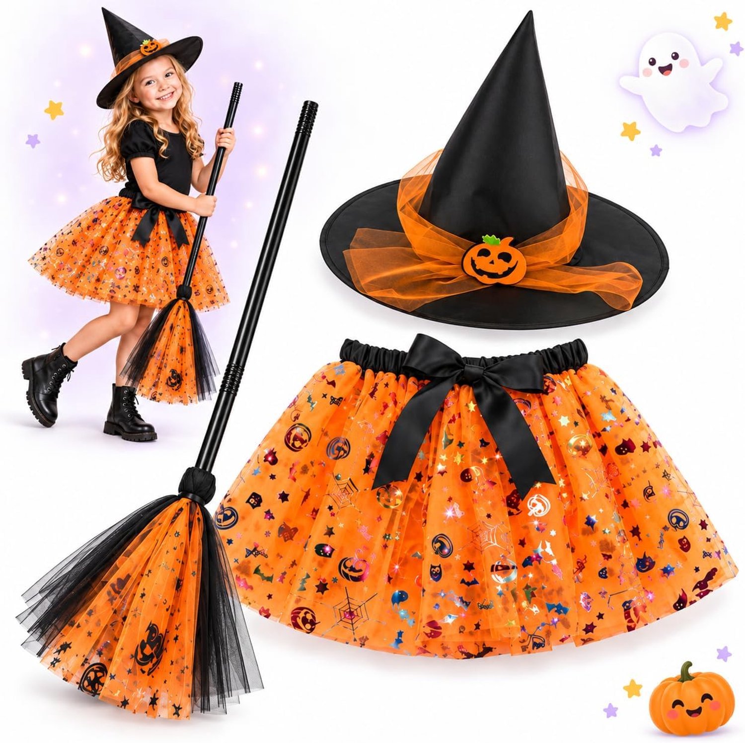 Heksenkostuum met lichtgevende tutu-rok, heksenbezem en heksenhoed, Halloween-kostuums