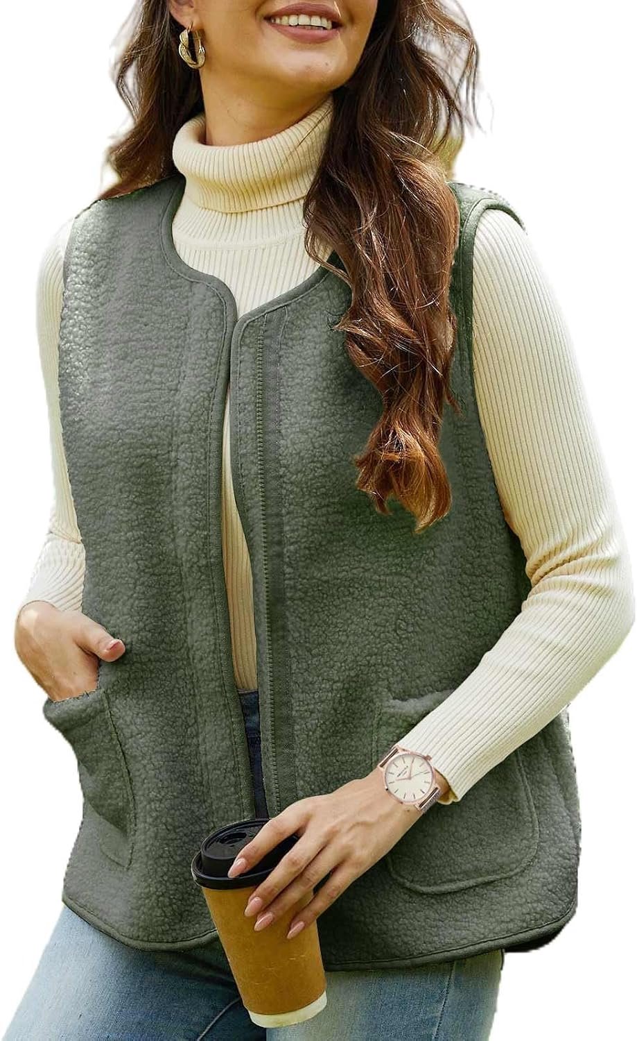 Fleece vest dames licht vest fleece vest herfst winter warm mouwloze vesten korte winterjas met ritssluiting damesvest V-hals pluche vest met zakken teddyvest