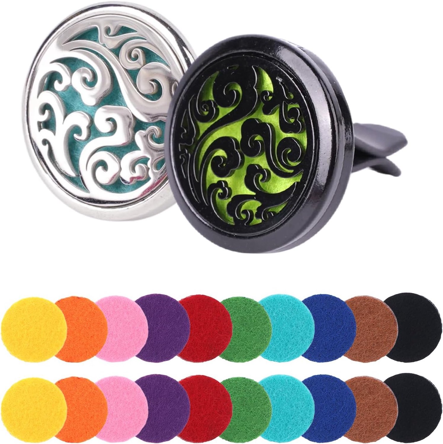 2 stuks aromatherapie auto diffuser oliediffuser, 3 cm autogeur, auto luchtverfrisser parfum clip geur interieur, aromatherapie ventilatieclip met 20 stuks wasbare pads (zilver + zwart)