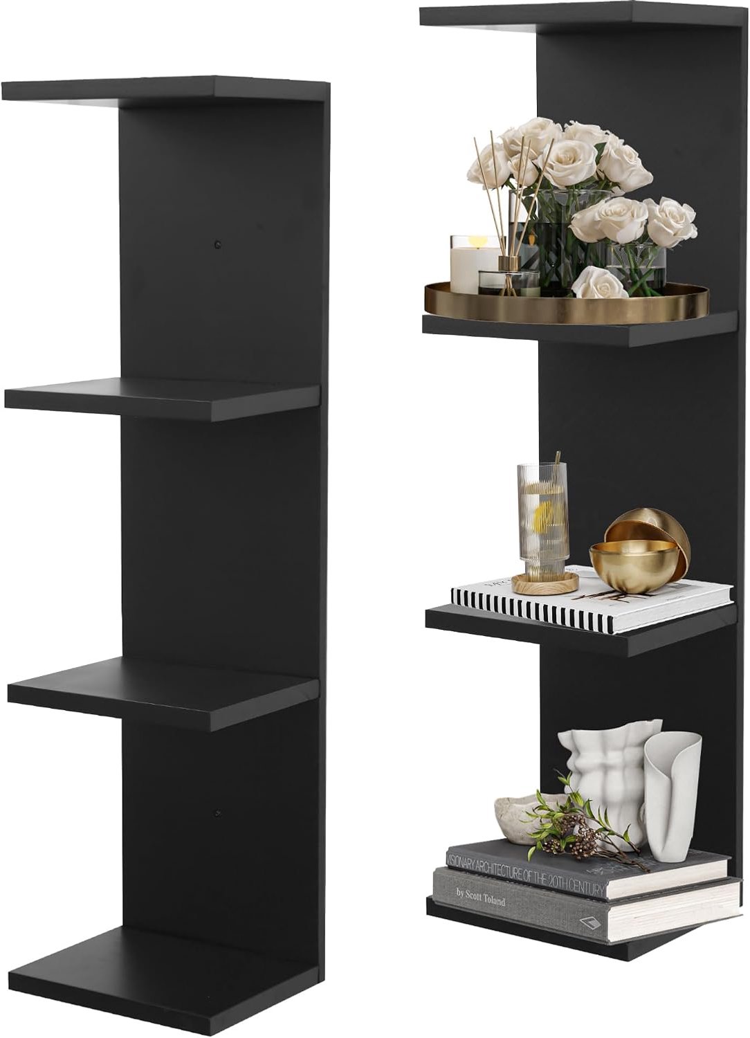 Wandrek met 4 verdiepingen, verticale zuilen-zwevende planken voor opslag en wooncultuur, zwart lak-wandrek voor slaapkamer, woonkamer en kantoordecoratie (2 stuks)