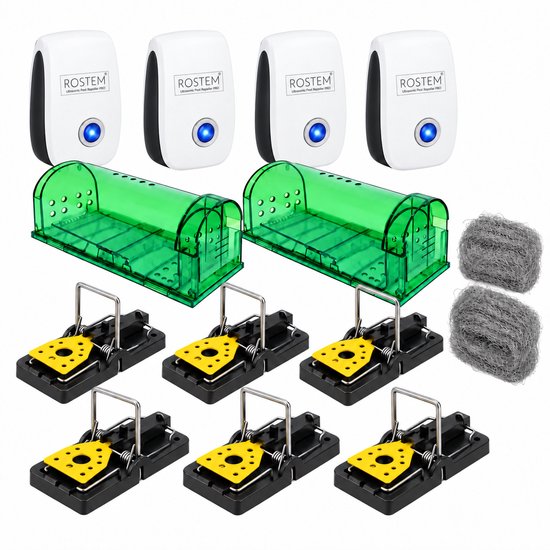 Rostem kit met 4 ultrasone verjagers, 2 groene vangkooien, 6 muizenvallen met gele pedalen en 2 rollen staalwol.