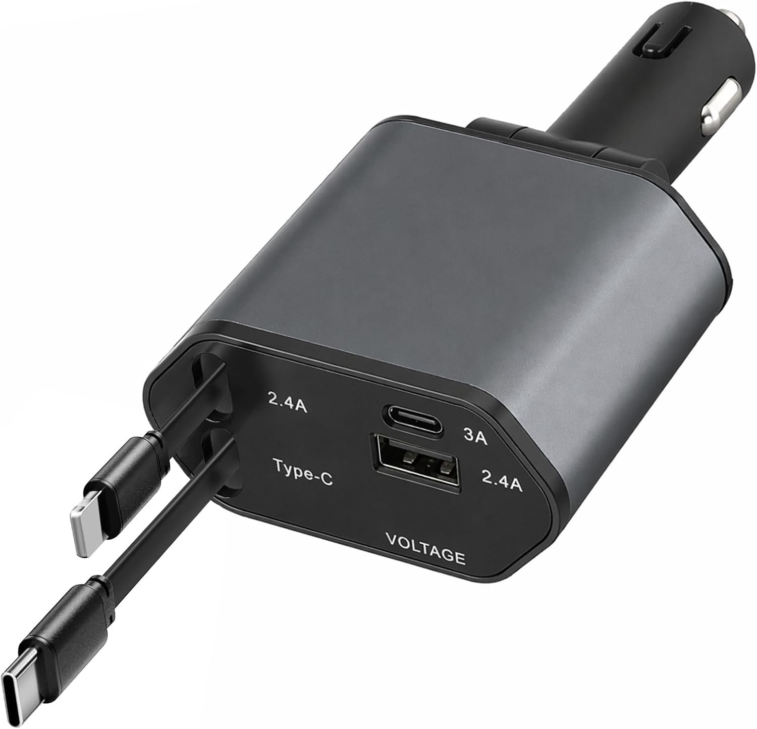 4-in-1 USB C autolader met intrekbare type C en Lightning-kabel, adapter USB C USB-machine met digitale spanningsweergave, snel opladen voor smartphone
