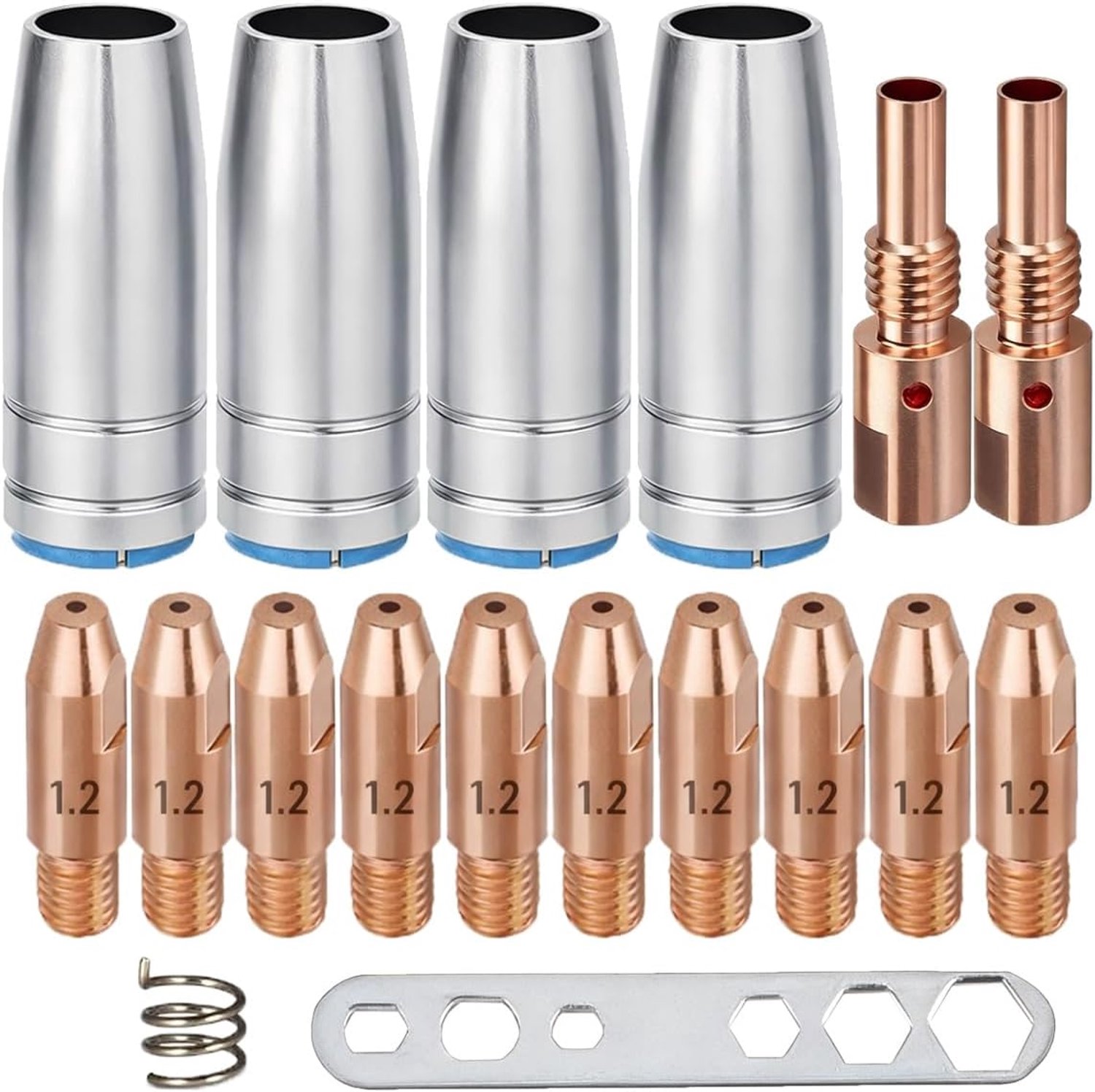 25AK MIG lascontactpunten, laslamp, verbruiksartikelen, accessoireset voor MIG MAG zaklamppistool met 10 contactpunten, M6 (1,2 mm), 4 gasmondstukken, 2 mondstukhouder, 2 veren