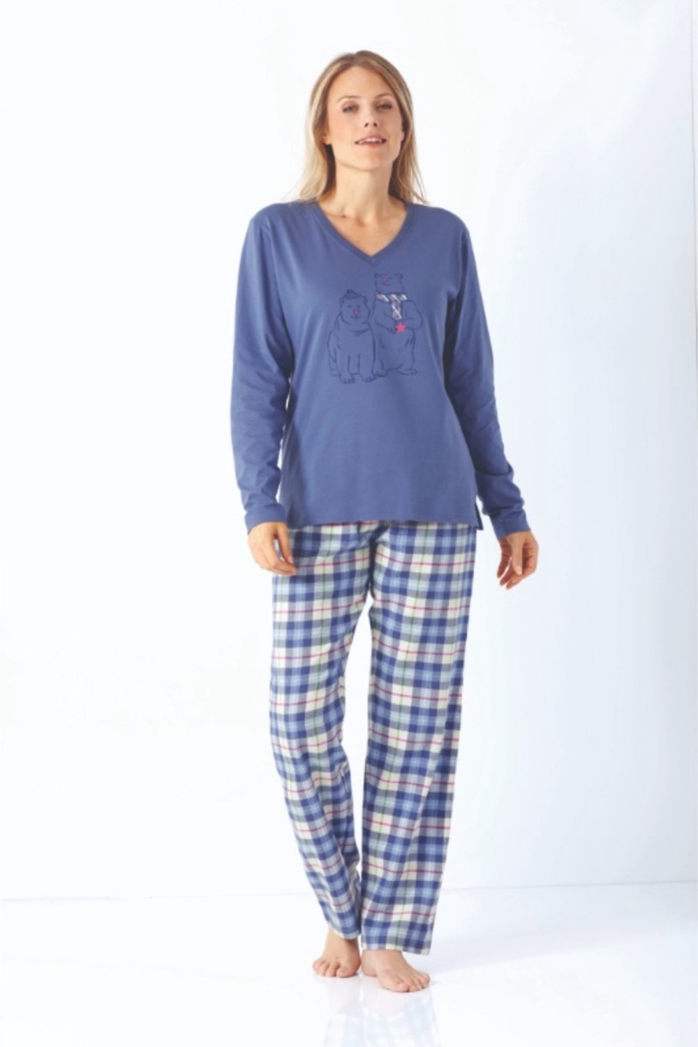 Hajo Flanellen dames pyjama middenblauw Hajo - Blauw - Maat - 44/46