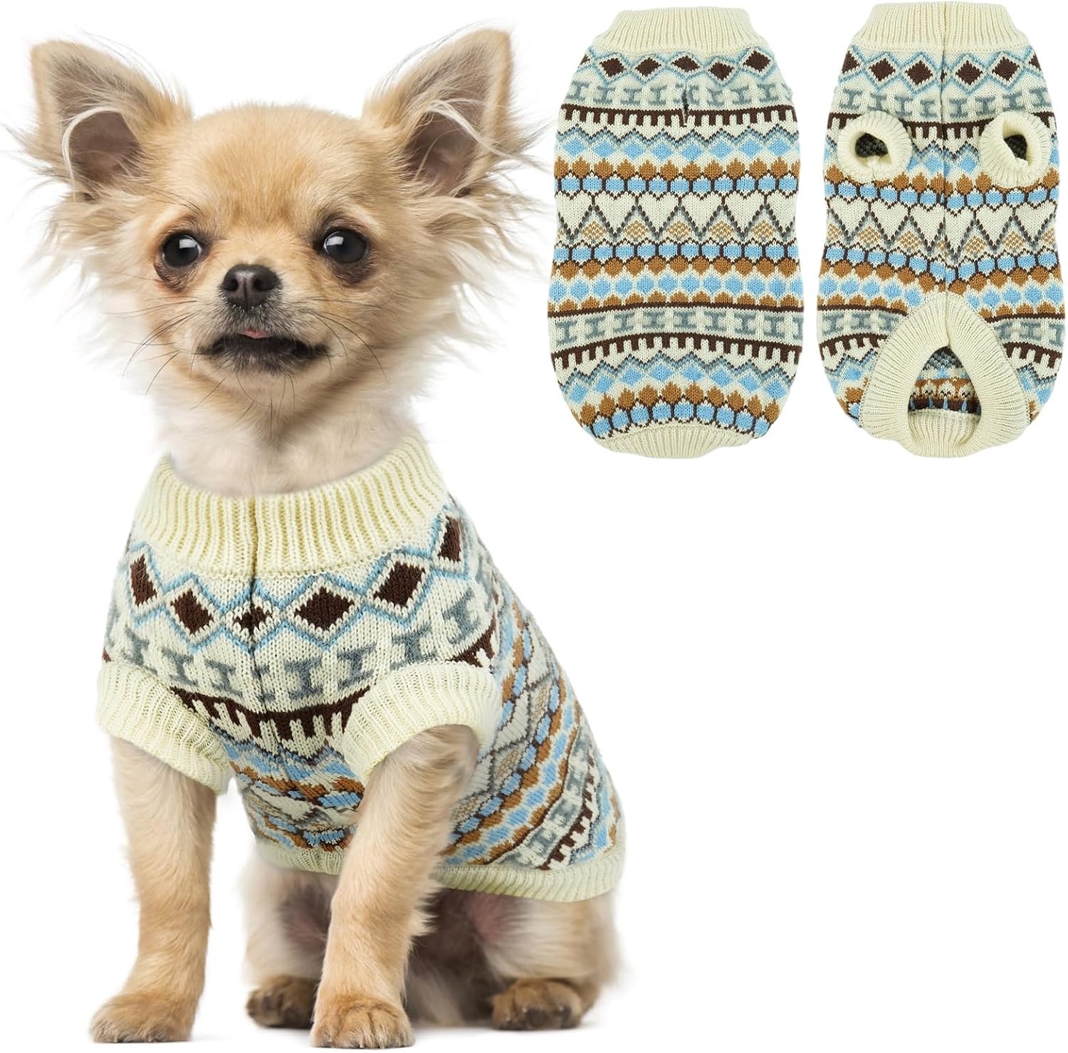 Hondentrui voor kleine tot grote honden - Boho gebreide wintertrui met harnasgat, dikke, warme rekbare huisdierkleding voor koud weer, beige, XS