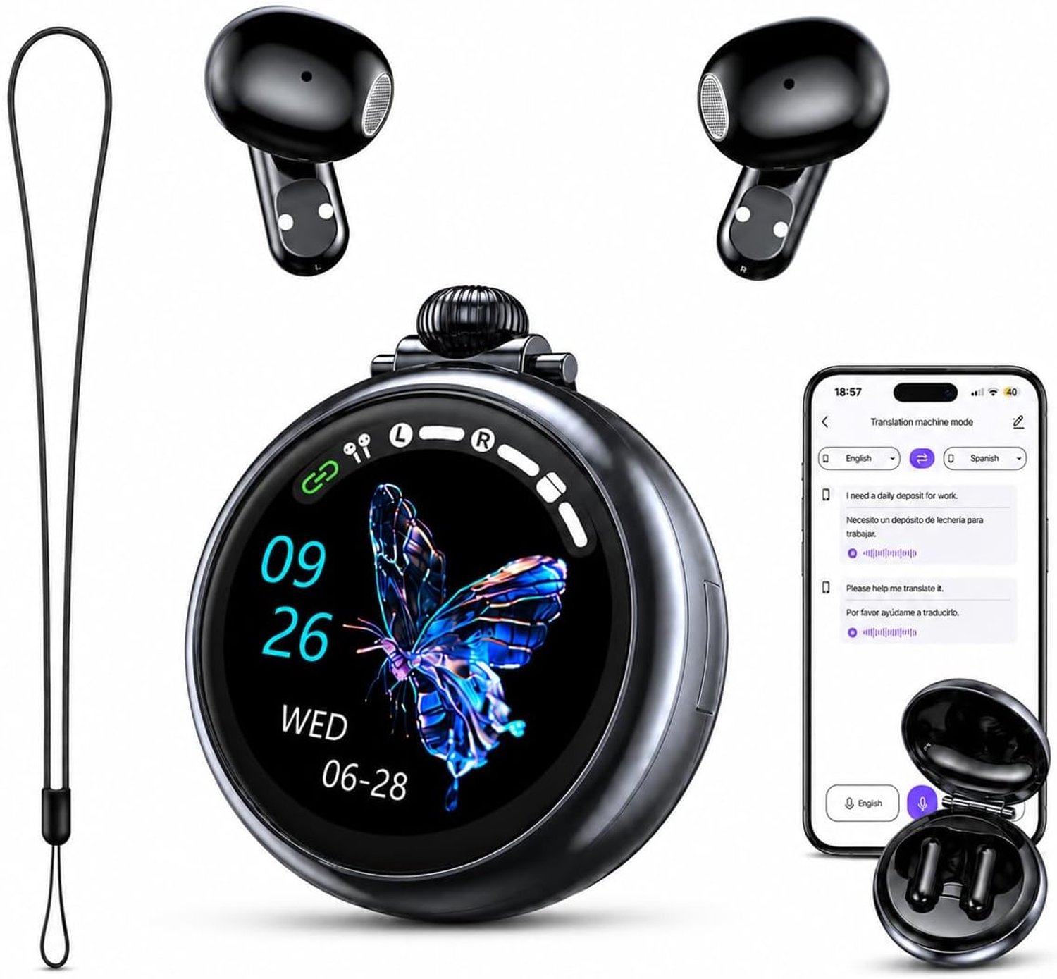 KI koptelefoon met vertaling in real-time, 165 talen, 9 modi, Bluetooth 6.0 oordopjes met lcd-touchscreen, hifi-geluid voor reizen en kantoor