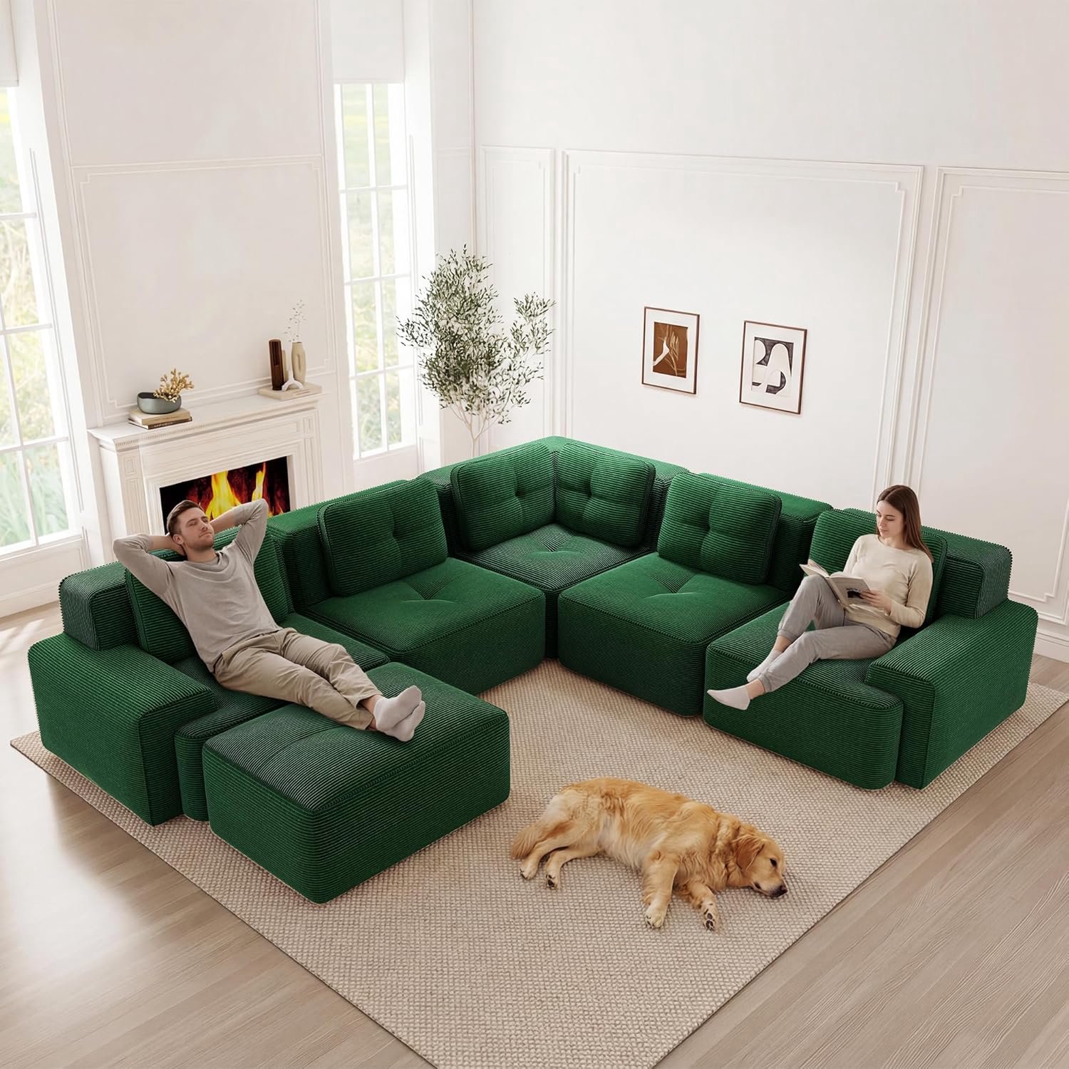 Modulaire hoekbank, frameloze woonlandschap van corduroy, diepe zitbank met hoge rugleuning, vrij combineerbaar, woonkamerbank zonder montage, groen, 5-zits + 1