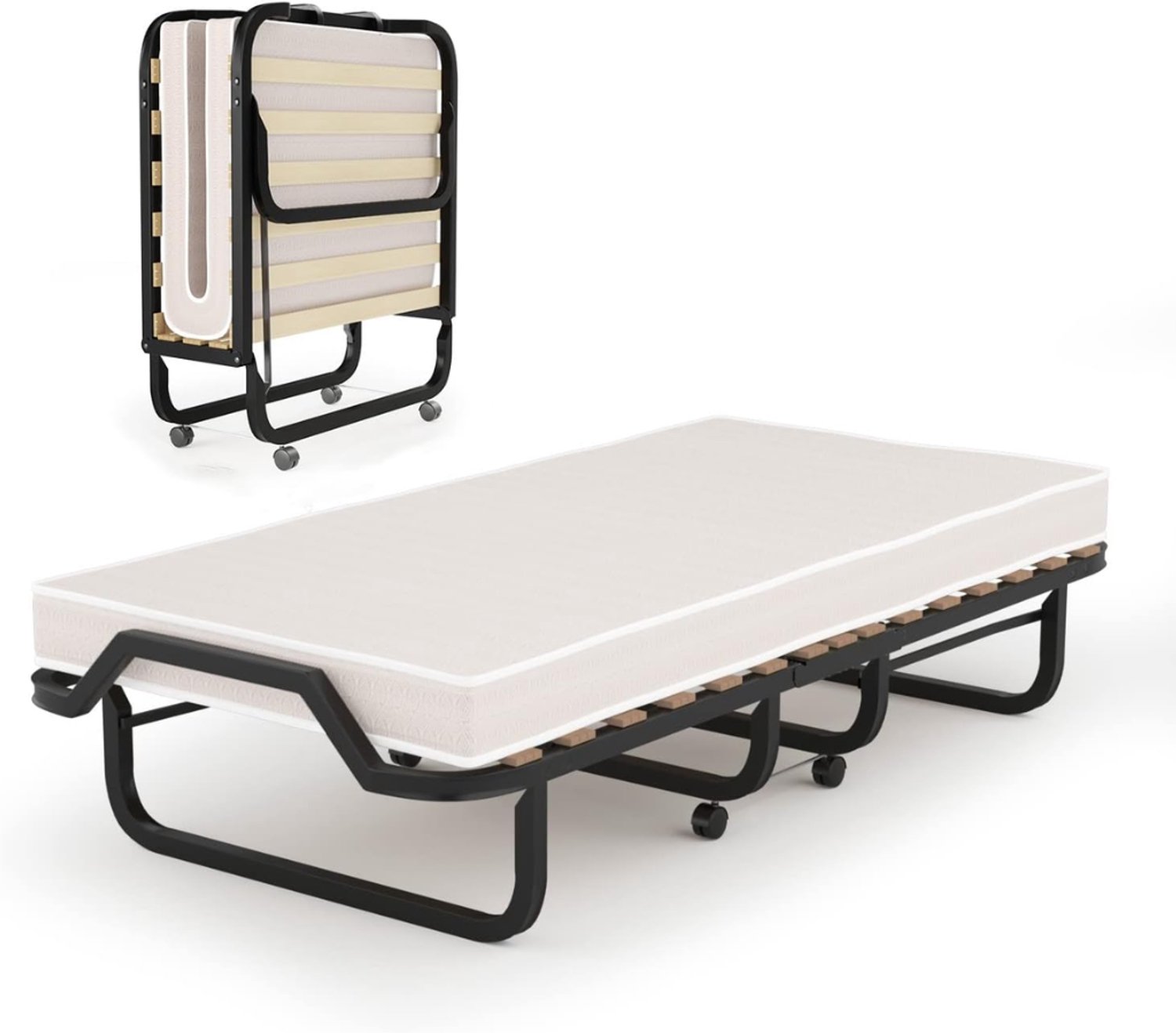 ZRNS® Opklapbed 1 Persoons - Vouwbed met Matras - Logeerbed - Met Matras - 200 x 80 cm Beige