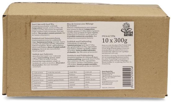 Kartonnen doos met 3000g vogelvoer in vetblokken, inclusief ingrediëntenlijst en streepjescode.
