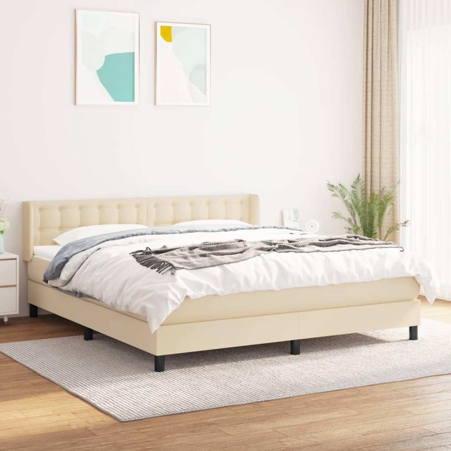 Boxspring met matras 180x200 cm stof cr猫mekleurig pocketvering hoofdbord verstelbaar middelhard matras voor rug- en buikslapers met huidvriendelijk topmatras