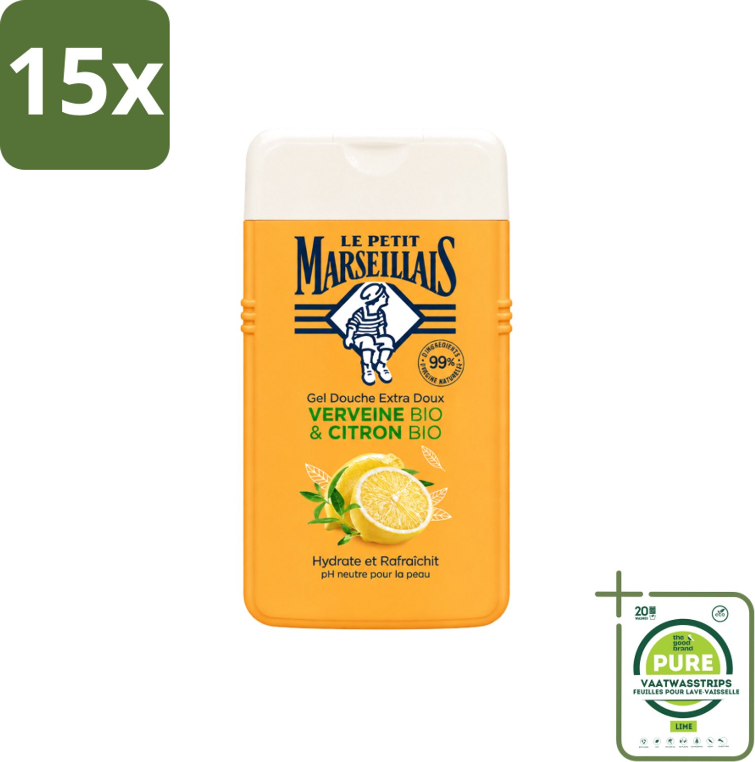 15 x Le Petit Marseillais - Douchegel - Citroen & Verbena - Hydraterend - 250ml - Grootverpakking - Vaatwasstrips - Douchegel Citroen Verbena - Hydraterende Douchegel - Citroen En Verbena - Biologische Douchegel - Neutrale PH Douchegel