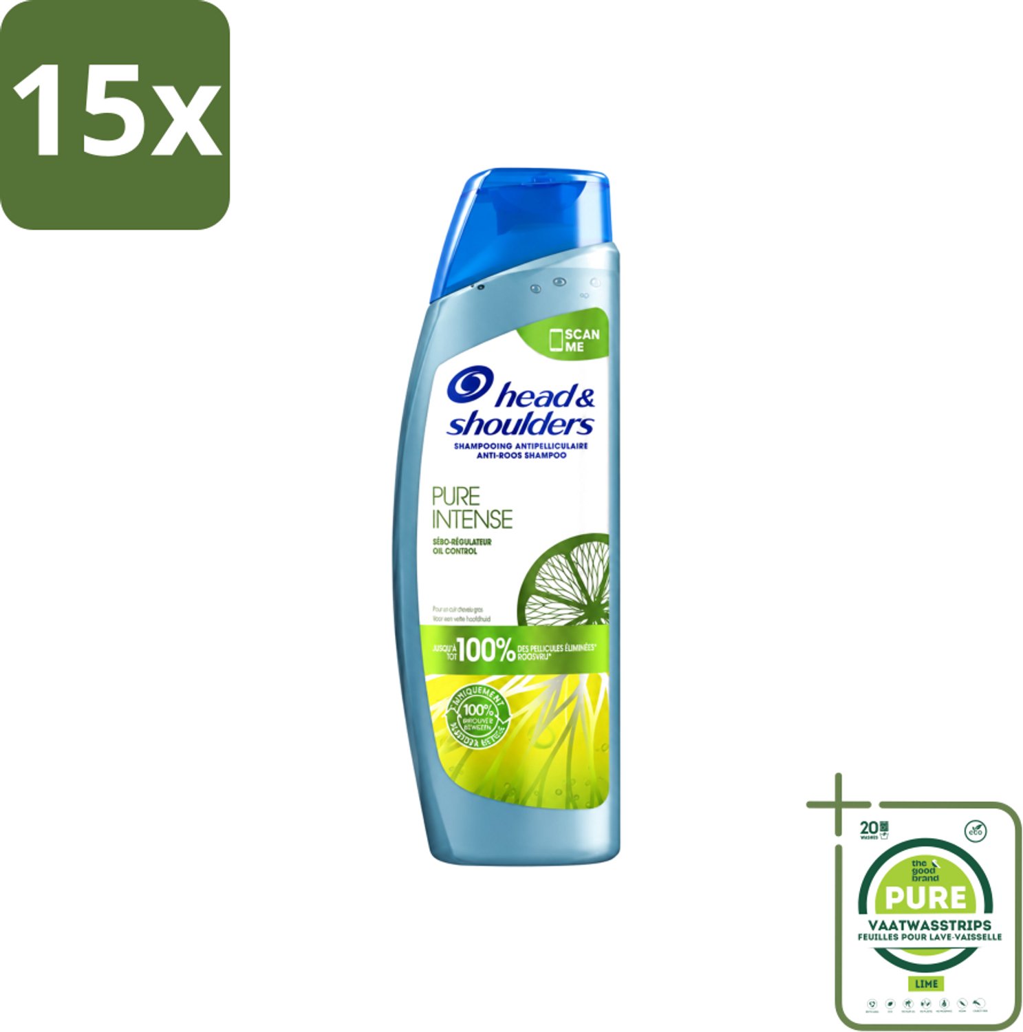 15 x Head & Shoulders - Anti-Roos Shampoo - Pure Intense - Oil Control - 250 ml - Grootverpakking - Vaatwasstrips - Roosvrij Haar - Oliecontrole - Schone Hoofdhuid - Vet Haar - Anti-roos Shampoo