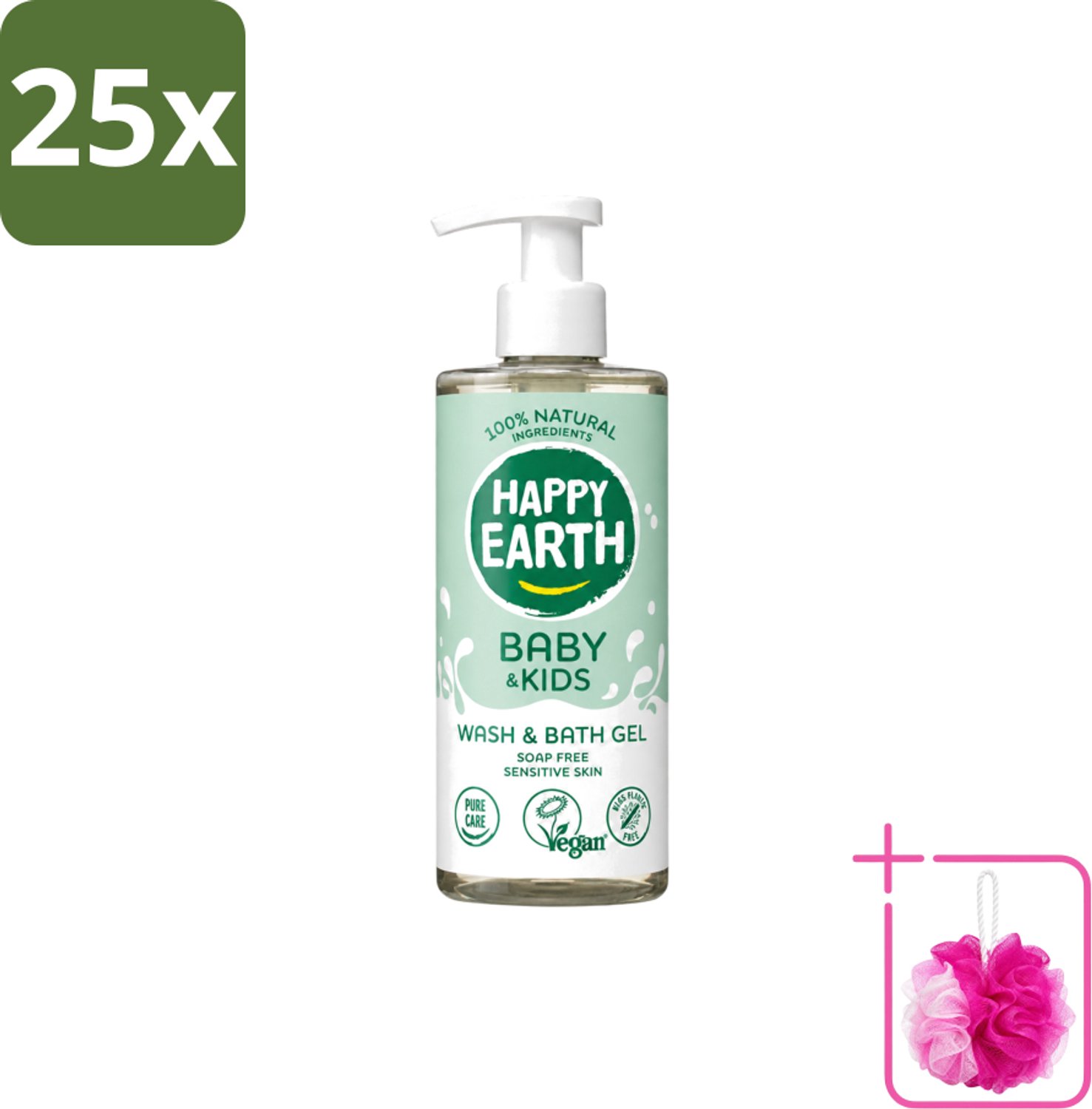 25 x Happy Earth – Was & Badgel – Zeepvrij Baby & Kids – 300 ml - Bulkverpakking - Wasgel - Douchemop - Huidverzachter