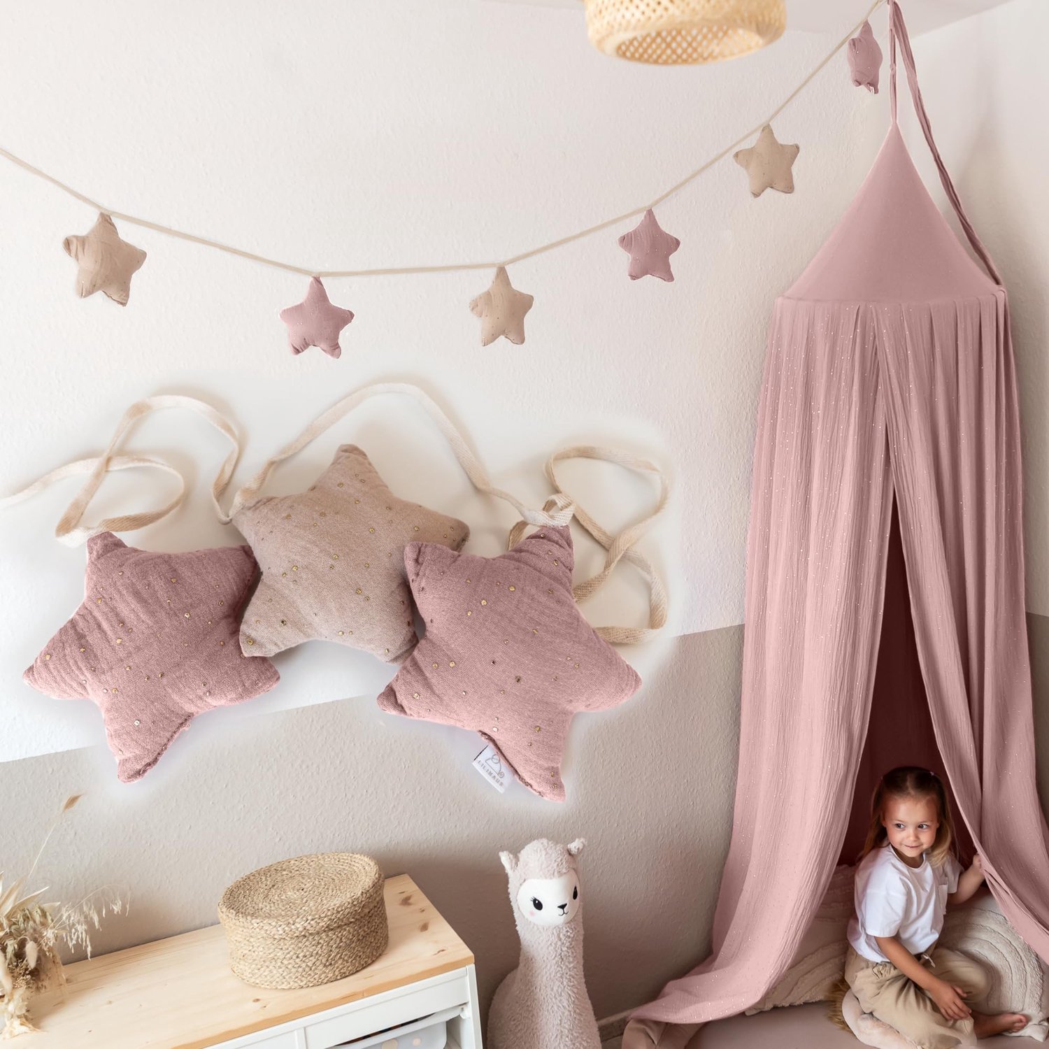 LILIMAUS Sterren slinger kinderkamer met gouden details - stoffen slinger van mousseline katoen - 300 cm - poederroze en zachtroze