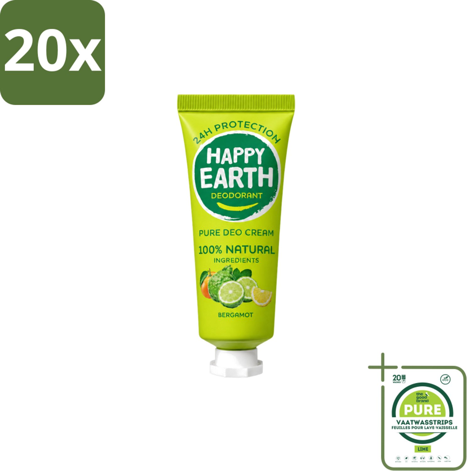 20 x Happy Earth – Deodorant Cream – 100% Natuurlijk Bergamot – 40 ml - Grootverpakking - Vaatwasstrips - Natuurlijke Deodorant - Bergamot Deodorant - Aluminiumvrije Deodorant - Vegan Deodorant - Huidvriendelijke Deodorant