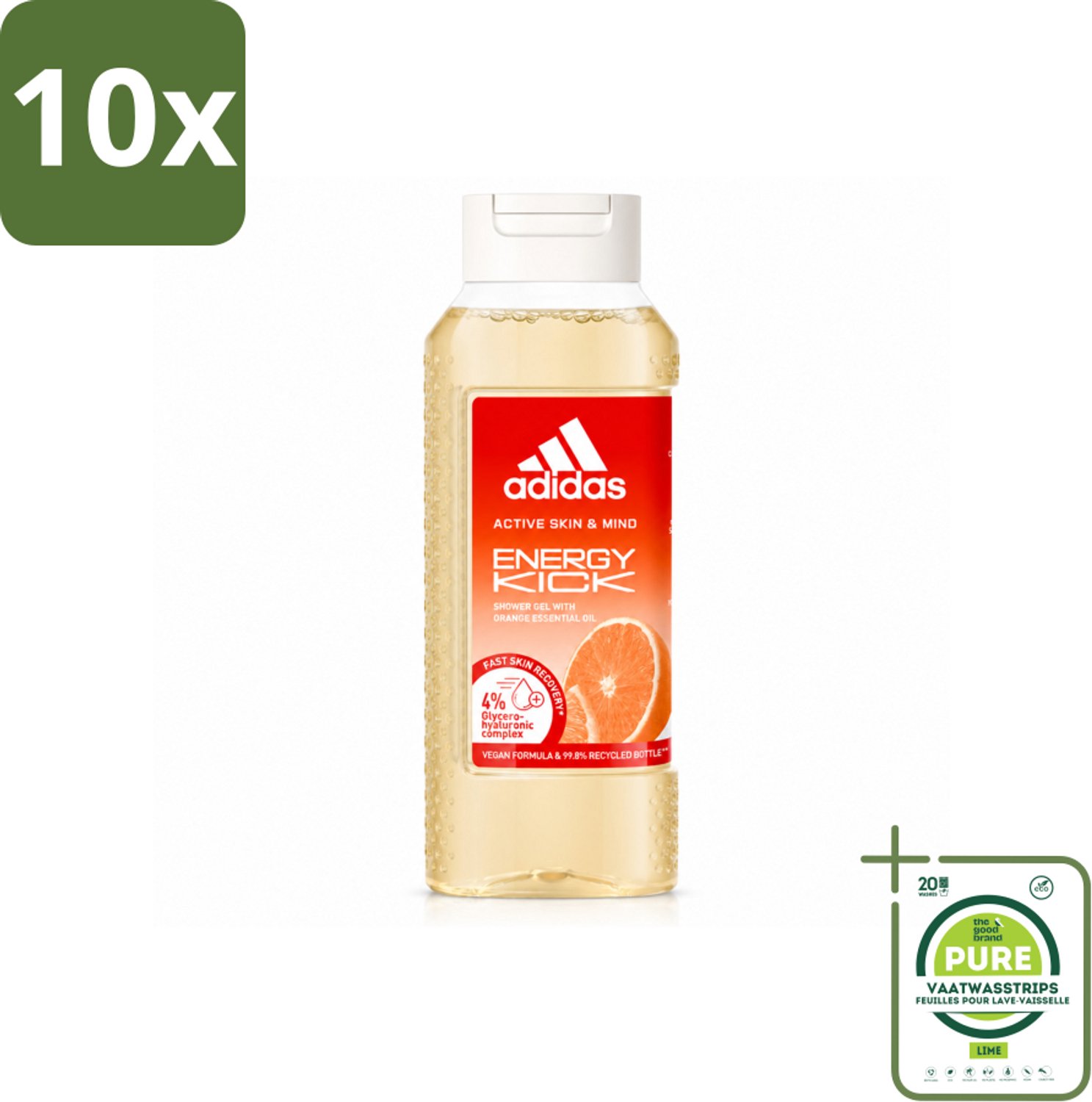 10 x Adidas – Douchegel – Active Skin & Mind Energy Kick – 250 ml - Grootverpakking - Vaatwasstrips - Energie - Sport - Energieboost - Douchegel - Activiteit