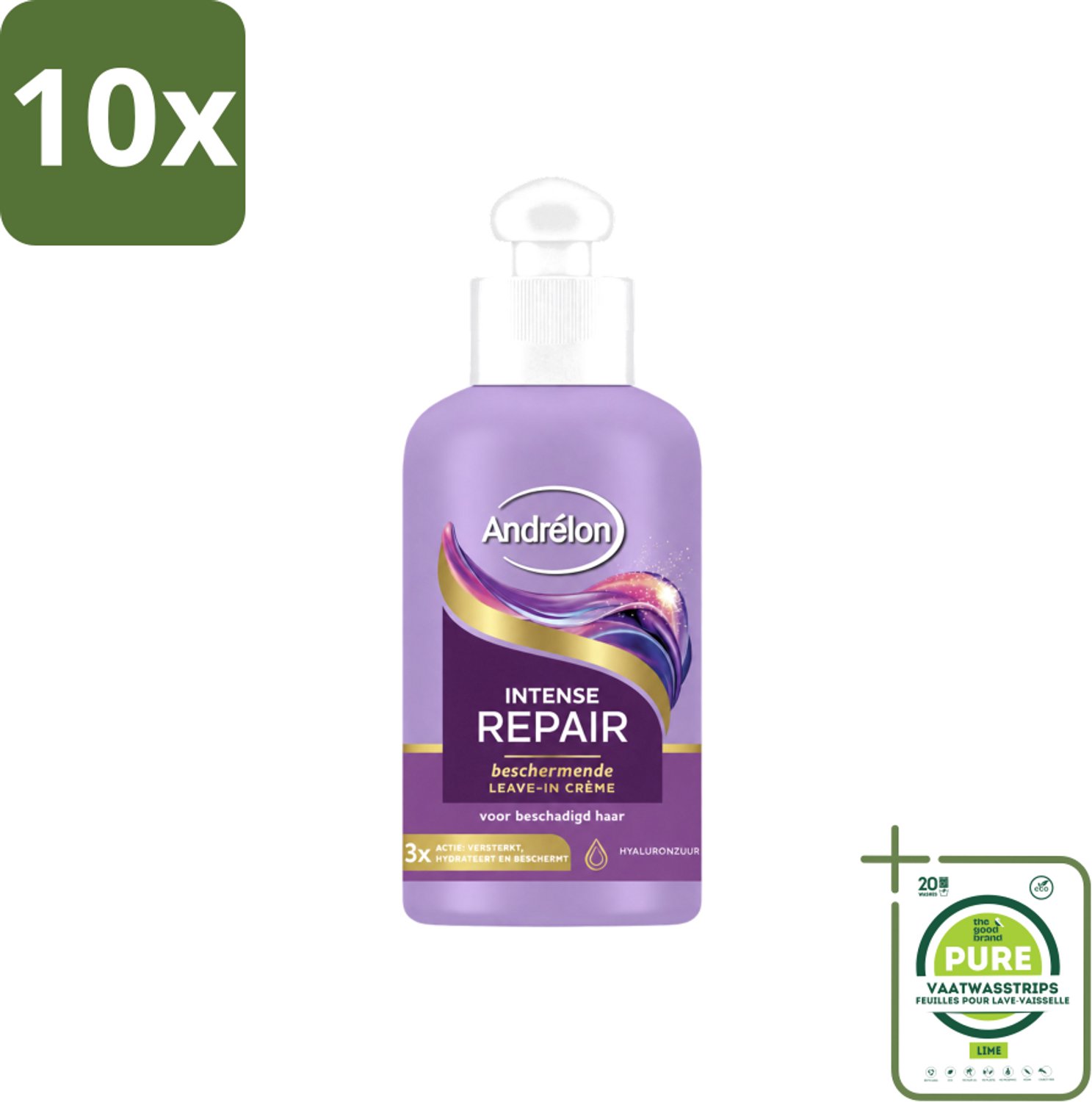 10 x Andrélon – Leave-In Crème – Intense Repair – 200 ml - Grootverpakking - Vaatwasstrips - Haarverzorging - Droog Haar - Beschadigd Haar - Hyaluronzuur - Leave-in Crème