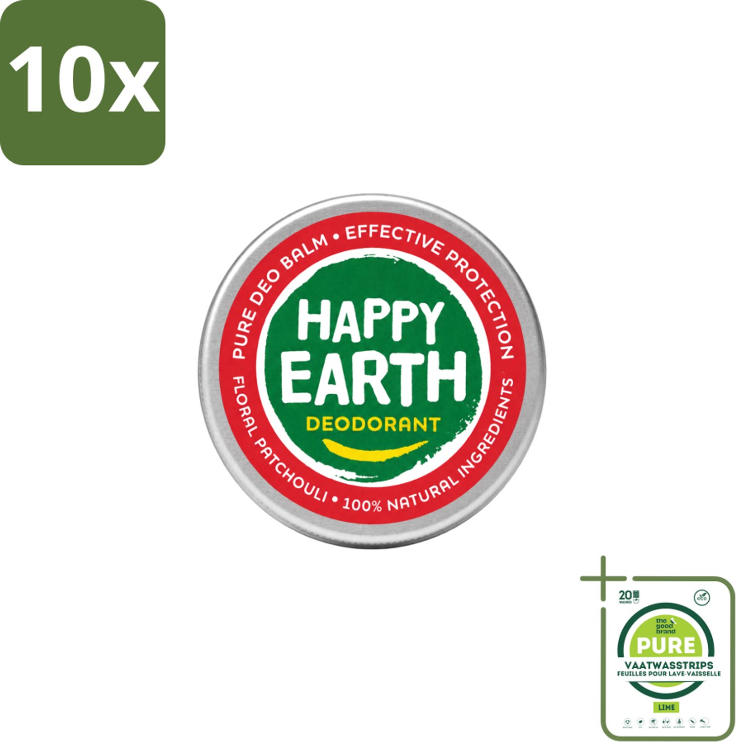 10 x Happy Earth – Deodorant Balm – 100% Natuurlijk Floral Patchouli – 45 g - Grootverpakking - Vaatwasstrips - Deodorant Balm - Natuurlijke Deodorant - Bloemige Geur - Patchouli - Huidvriendelijk