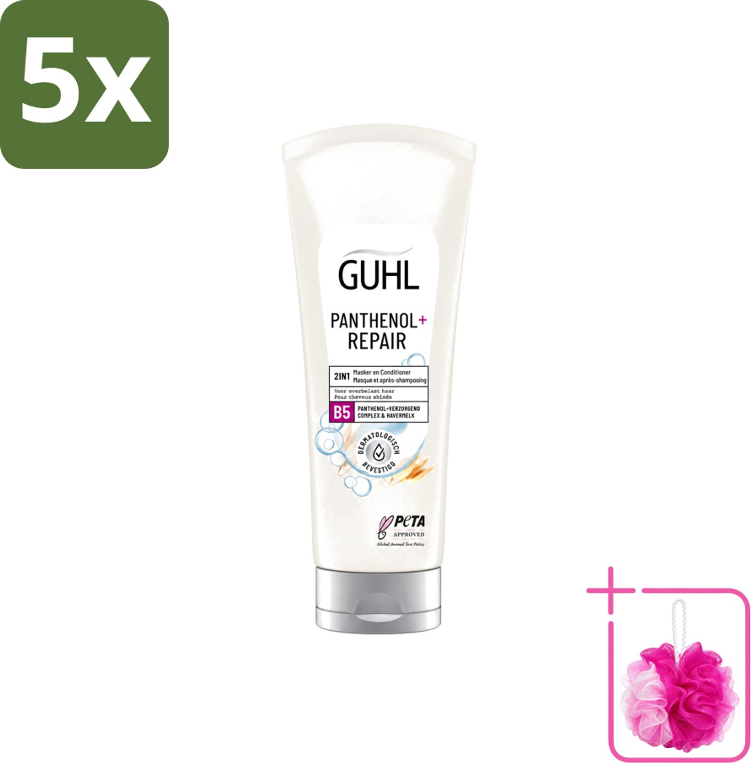 5 x Guhl – 2-in-1 Masker & Conditioner – Panthenol+Repair – 200 ml - Bulkverpakking - Haarmasker - Douchemop - Conditioner