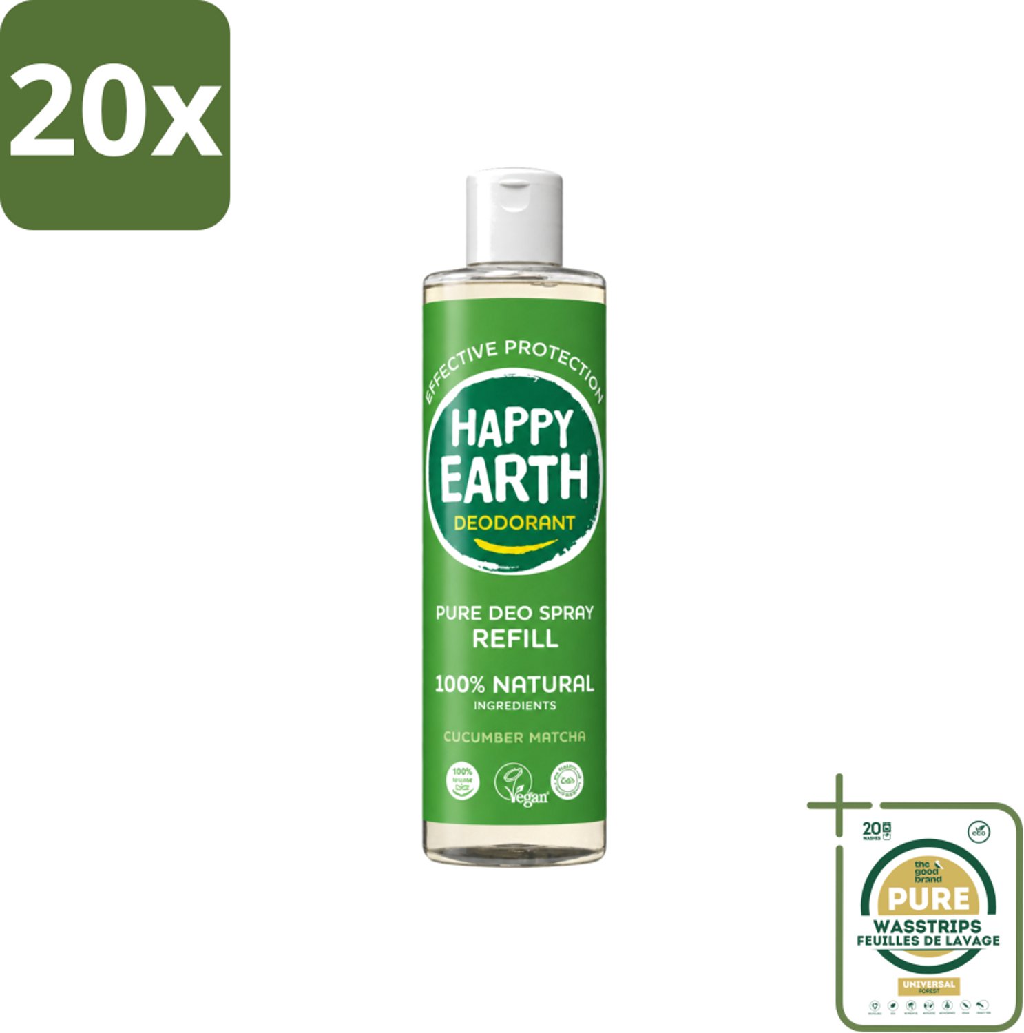 20 x Happy Earth – Deodorant Spray Navulling – 100% Natuurlijk Cucumber Matcha – 300 ml - Wasstrips - Deodorant Spray - Natuurlijke Deodorant - Frisse Geur - Komkommer Matcha - Anti-geur