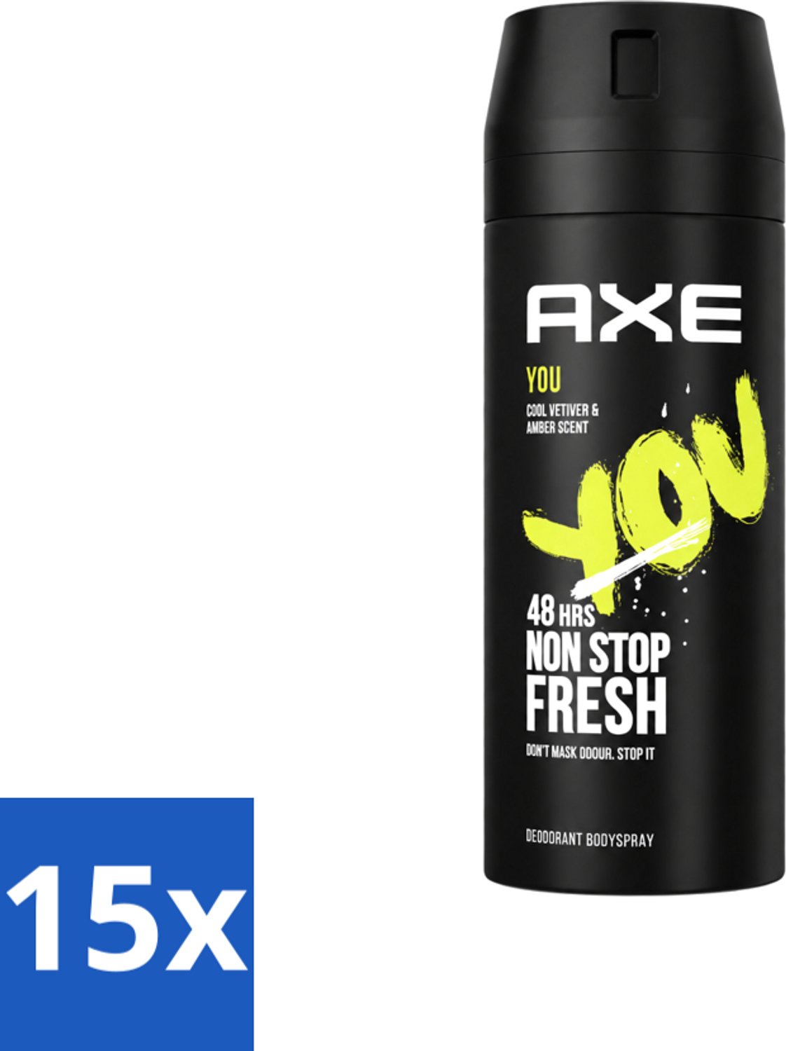 15 x Axe - Deodorant Bodyspray - 48hrs Fresh - You - Cool Vetiver & Amber - 150 ml - Voordeelverpakking - 15 stuks