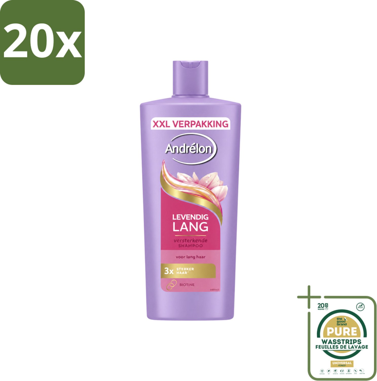 20 x Andrélon – Shampoo – Levendig Lang – 685 ml - Wasstrips - Lang Haar Verzorging - Versterkend Haar Shampoo - Biotine Shampoo - Gezond Lang Haar - Beschadigd Haar Versterken