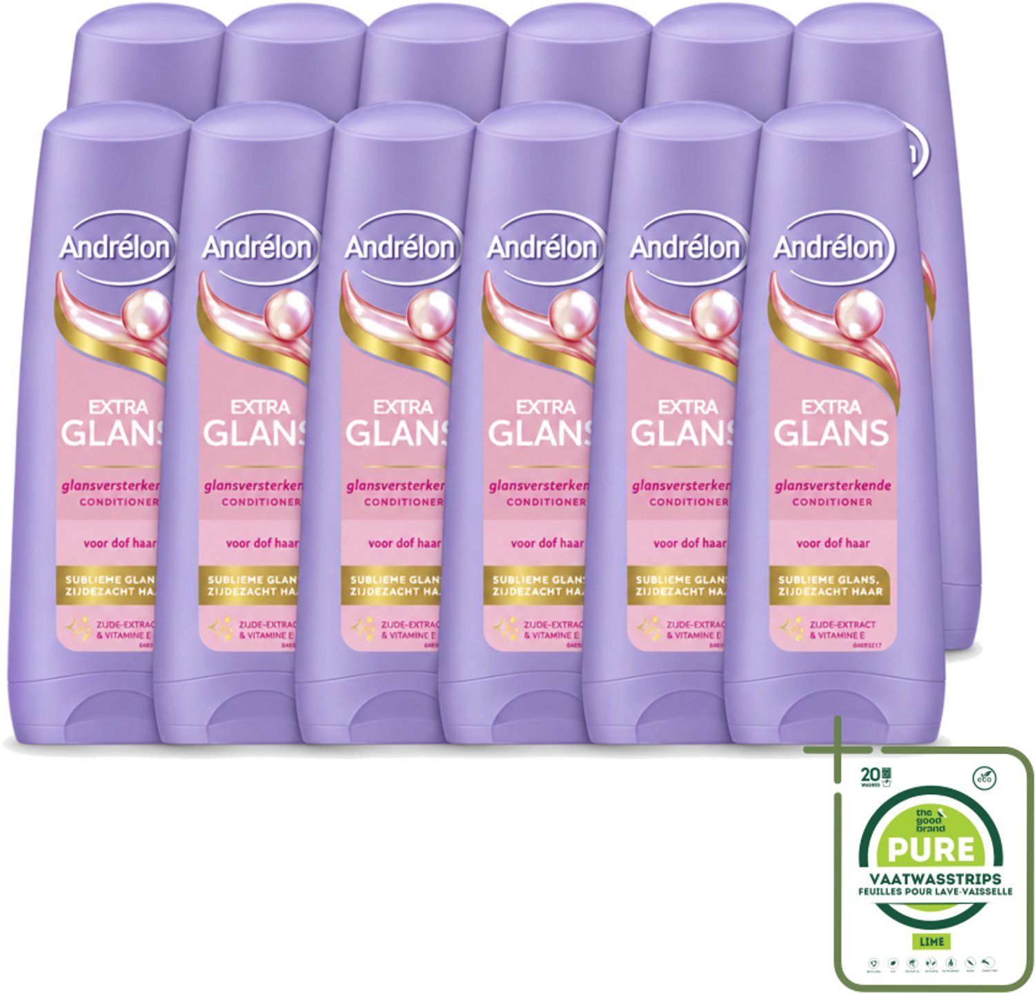 12 x Andrélon – Conditioner – Extra Glans – 200 ml - Grootverpakking - Vaatwasstrips - Glans - Haar Verzorging - Zijde-extract - Vitamine C - Zacht Haar