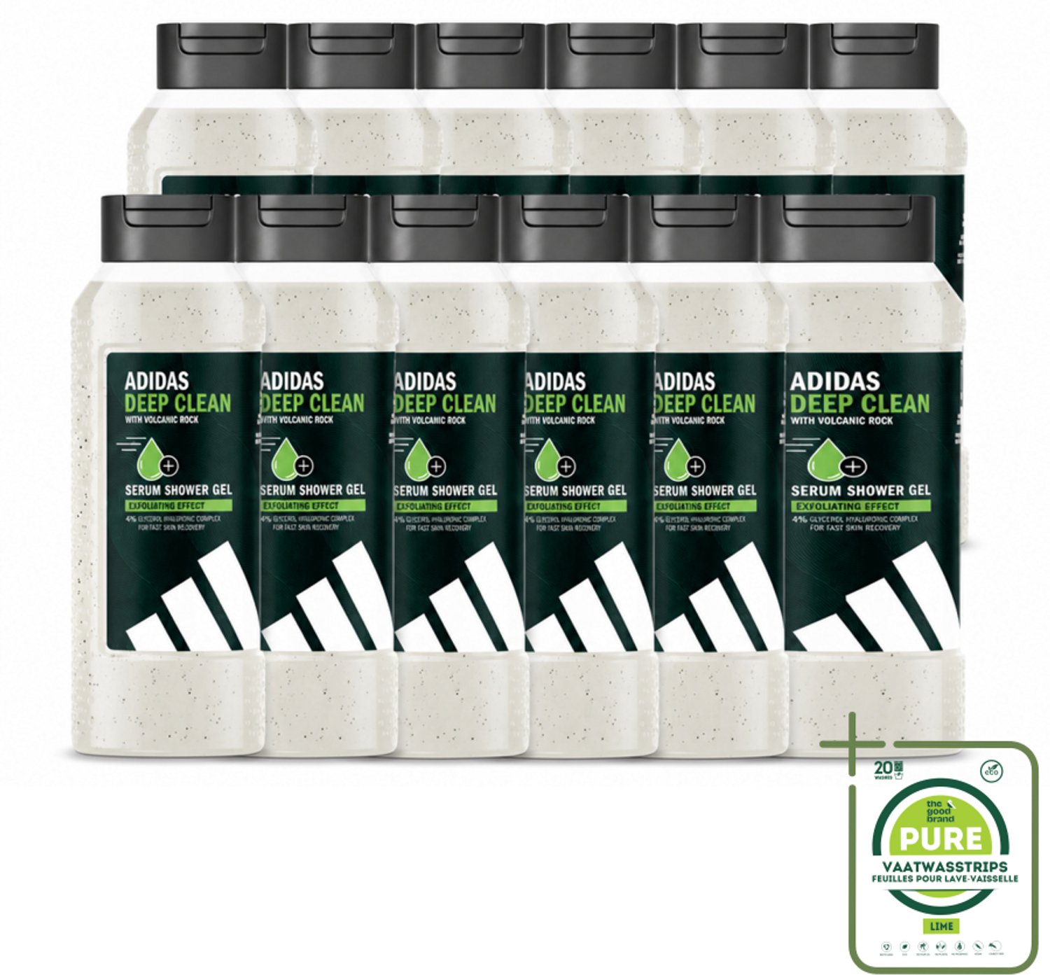 12 x Adidas – Douchegel – Active Skin & Mind Deep Clean – 250 ml - Grootverpakking - Vaatwasstrips - Douchegel - Huid Reinigen - Exfoliëren - Vulkanische Steen - Huid Hyderatatie