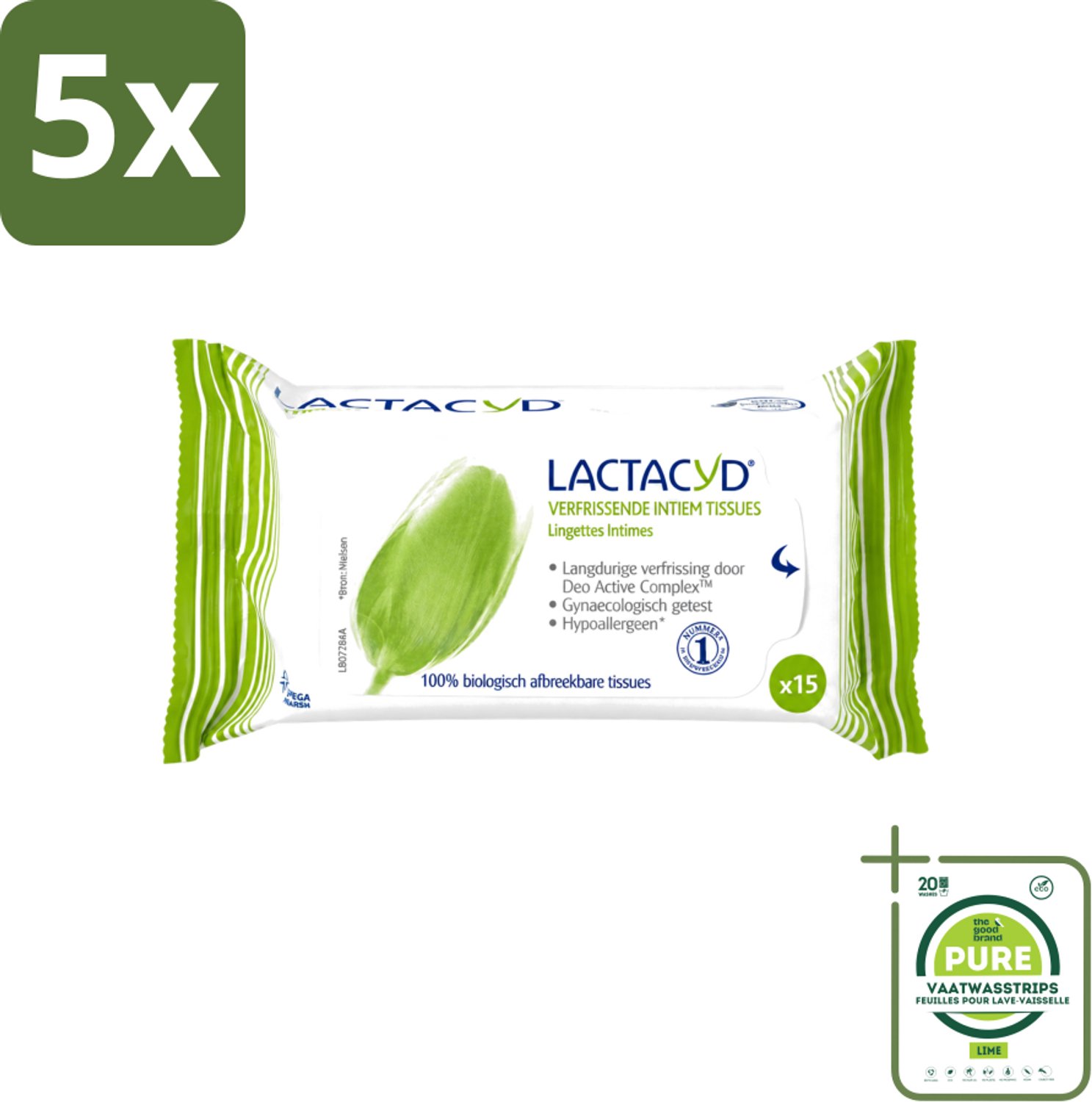 5 x Lactacyd - Intieme Doekjes - Verfrissend - Zeepvrij - Biologisch Afbreekbaar - 15 Doekjes - Grootverpakking - Vaatwasstrips - Intieme Doekjes - Verfrissend - Biologisch Afbreekbaar - Melkzuur - Menthol