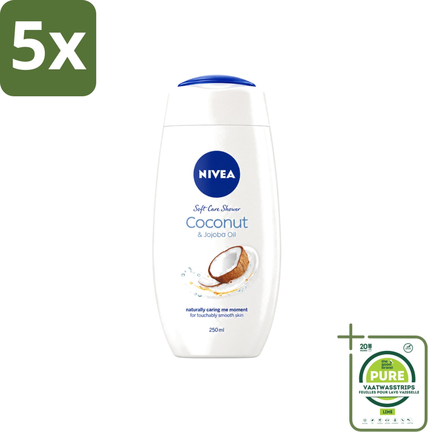5 x Nivea - Huid Beschermende Douchecreme - Kokosnoot - 250 ml - Grootverpakking - Vaatwasstrips - Douchecrème - Kokosnoot - Huidbeschermend - Hydratatie - Huidverzorging