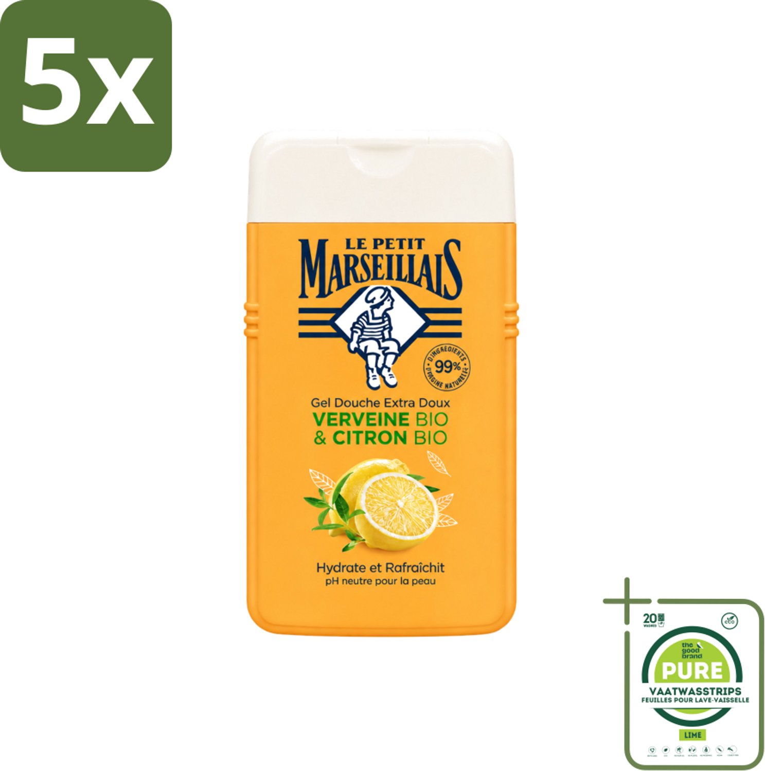 5 x Le Petit Marseillais - Douchegel - Citroen & Verbena - Hydraterend - 250ml - Grootverpakking - Vaatwasstrips - Douchegel Citroen Verbena - Hydraterende Douchegel - Citroen En Verbena - Biologische Douchegel - Neutrale PH Douchegel