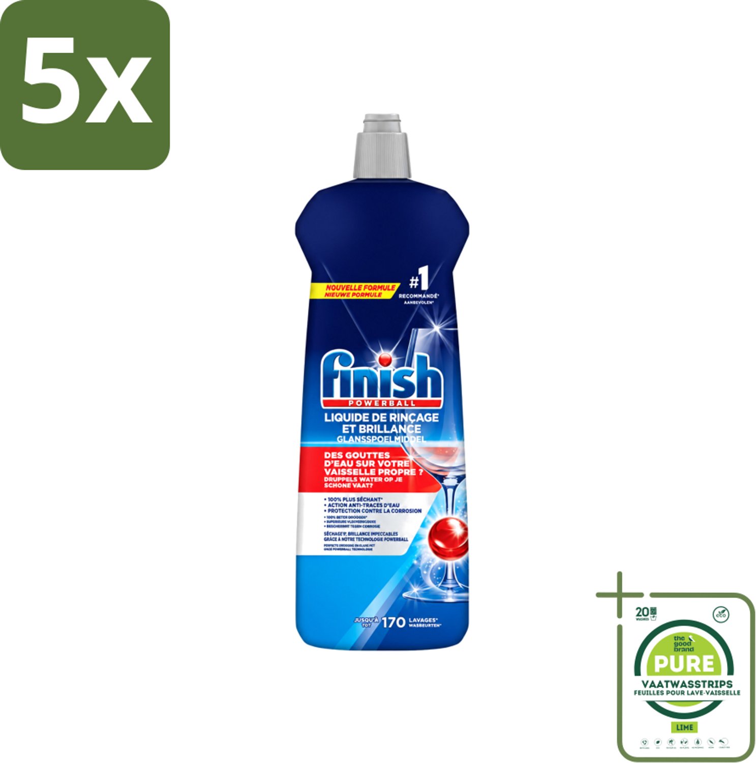 5 x Finish Powerball - Glansspoelmiddel - Anti-Corrosie & Anti-Vervaging - 170 Afwasbeurten - 800ml - Grootverpakking - Vaatwasstrips - Glansspoelmiddel - Vaatwasmiddel - Anti-kalk - Anti-corrosie - Glans