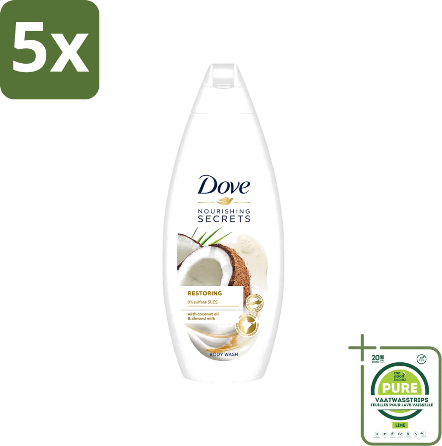 5 x Dove Nourishing Secrets - Douchegel - Kokosolie & Amandel melk - Sulfaatvrij - 250 ml - Grootverpakking - Vaatwasstrips - Douchegel - Kokosolie - Amandelmelk - Natuurlijke Verzorging - Sulfaatvrije Douchegel
