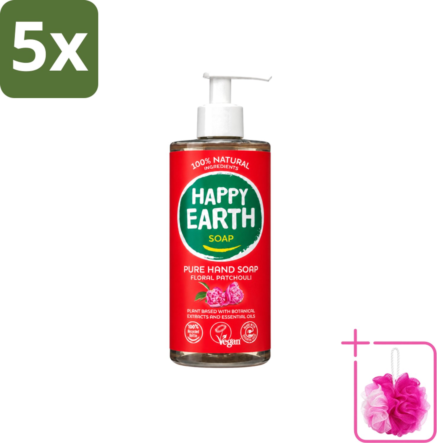 5 x Happy Earth – Handzeep – 100% Natuurlijk Floral Patchouli – 300 ml - Bulkverpakking - Natuurlijke handzeep - Douchemop - Vegan handzeep