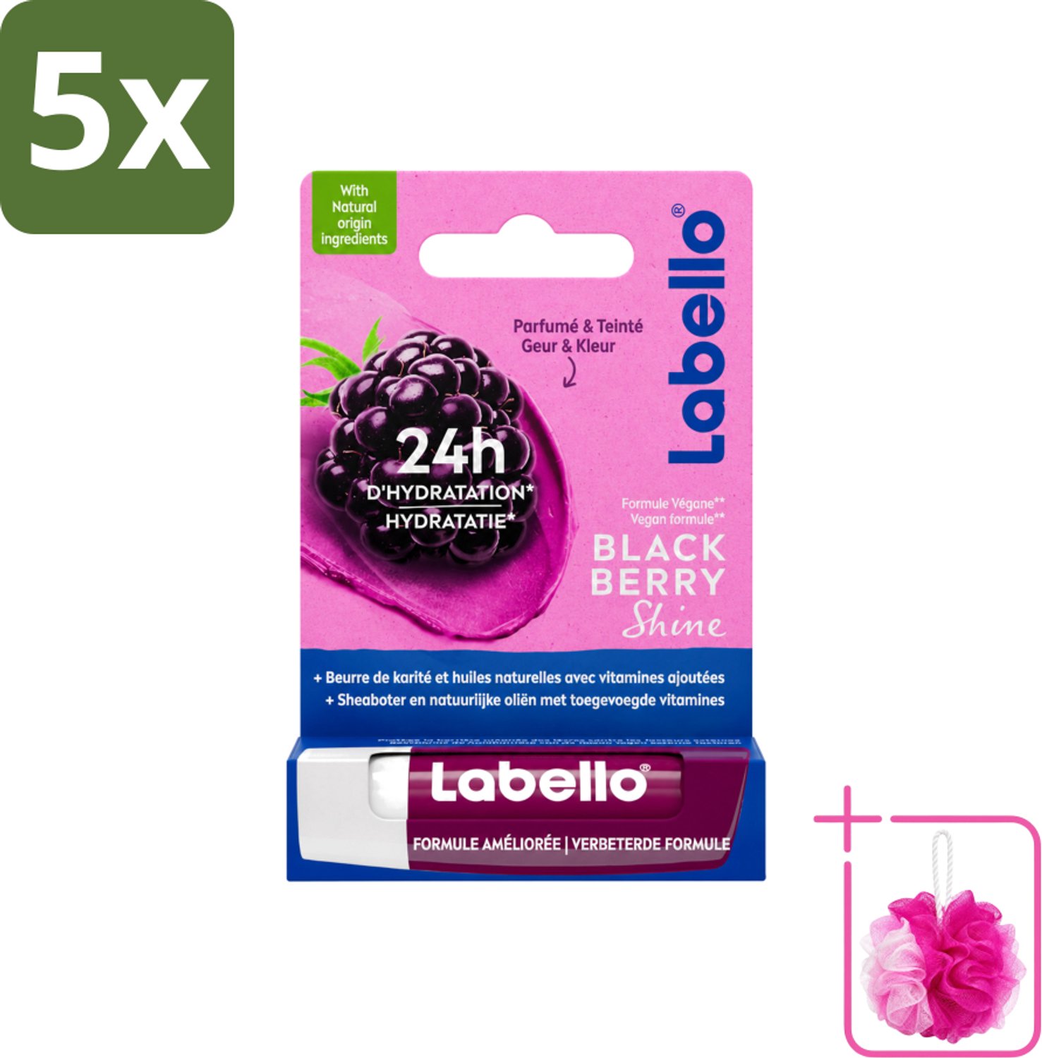 5 x Labello – Lippenbalsem – Blackberry Shine – Lippenbalsem – Shea Boter & Jojoba Olie – 5,5 ml - Bulkverpakking - Lippenbalsem - Douchemop - Hydratatie