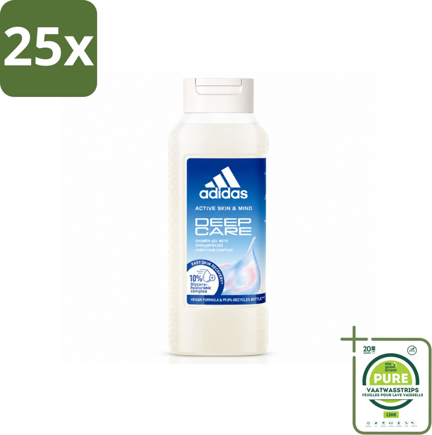 25 x Adidas – Douchegel – Active Skin & Mind Deep Care – 250 ml - Grootverpakking - Vaatwasstrips - Hydratatie Na Sport - Huid Verzorging - Douchegel - Actieve Huid - Vegan Douchegel